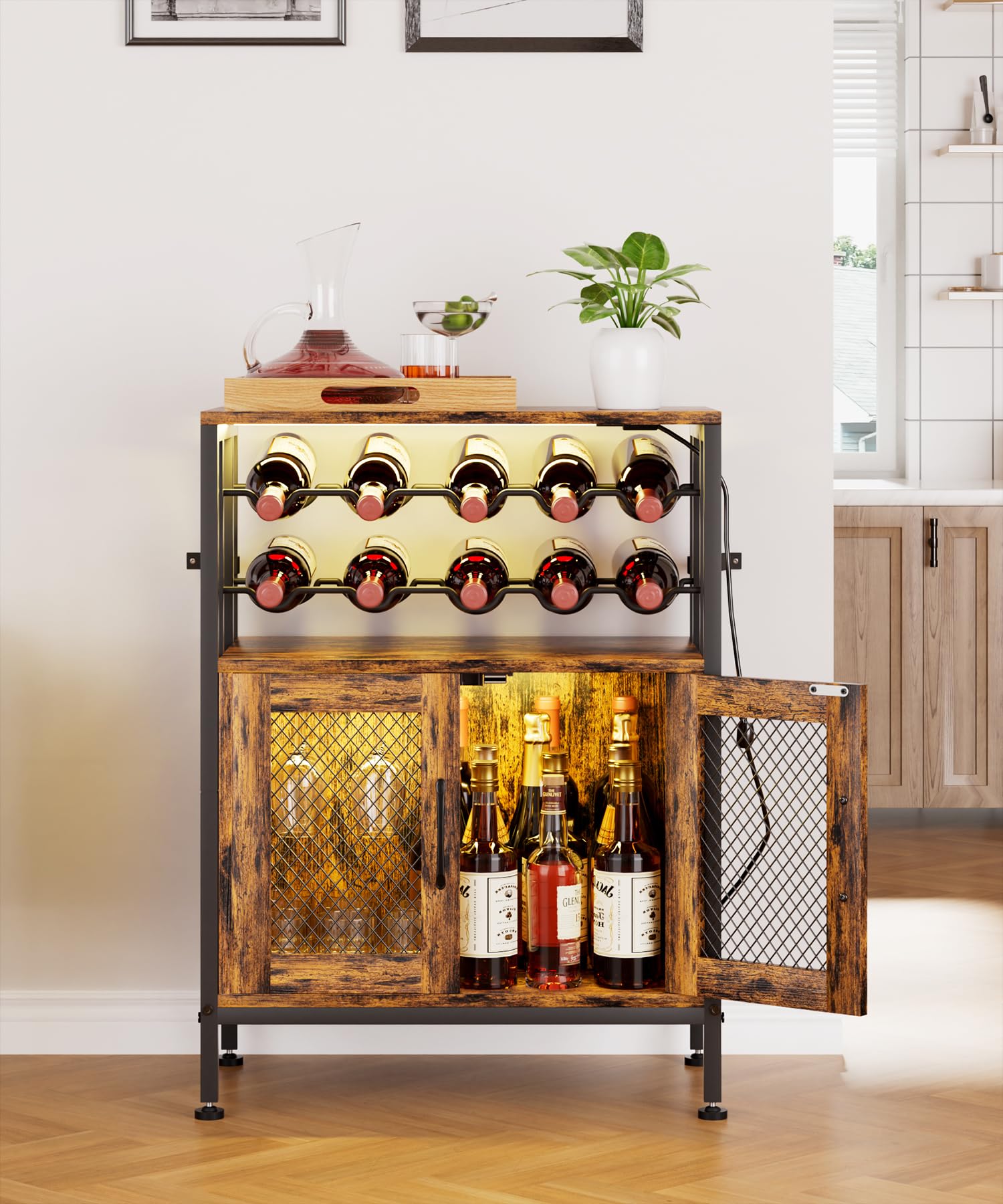 Yorbay Mobili Portabottiglie con Luci LED: Mobile Bar Autoportante con Anta a Griglia per 10 Bottiglie e 6 Bicchieri - Scaffale per Vini in Stile Industriale per Cucina Soggiorno Sala da Pranzo