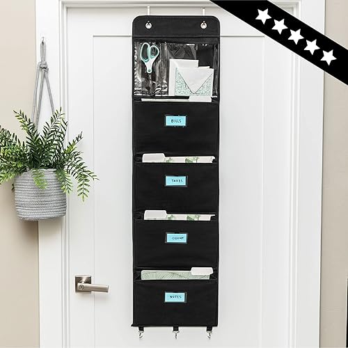 Miniatura 8 de Organizador de archivos de pared para colgar sobre la puerta, estante de documentos con 5 bolsillos para archivos, clasificador multiusos para