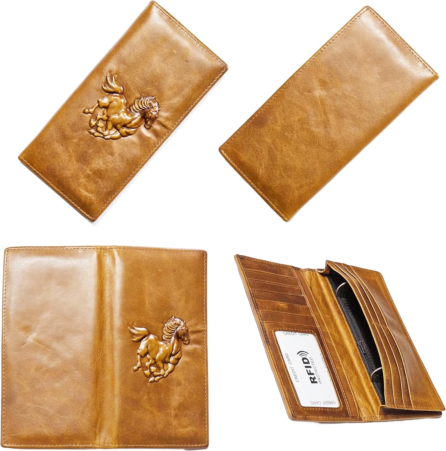 Genuine Leather Bifold Long Wallet for Men, Retro Vintage Embossed Clutch with Zipped Coin purse & Credit card Slots. RFID Blocking. Horse- Tan Cognac - Image 3