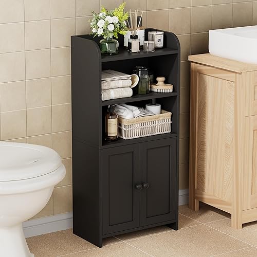 Homhedy Small Bathroom Storage Cabinet, Freestanding Toilet Paper Storage with 2 Doors and Shelves, Bathroom Organizers and Storage for Small Spaces, Laundry Room (Black)