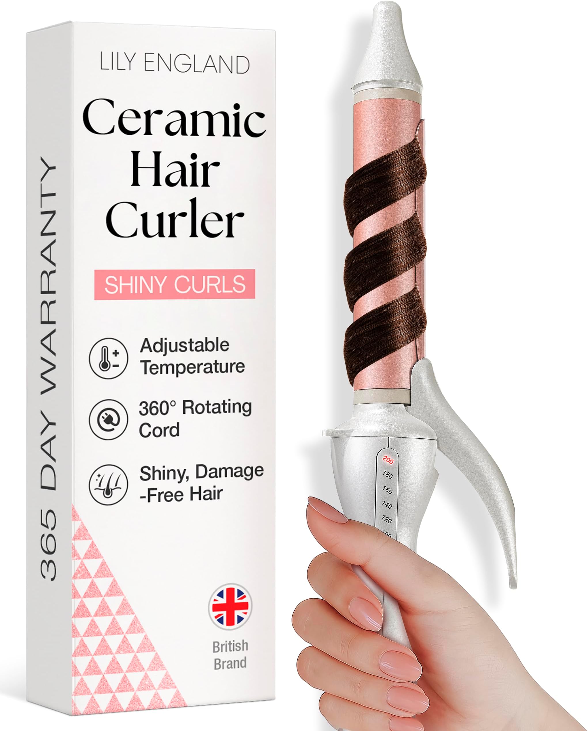 Lily England Hair Curling Wand 25mm, Ceramic Curling Tongs for Short to Long Hair, 100°C - 200°C Adjustable Temperature & Auto-Shut Off, Rose Gold Curler