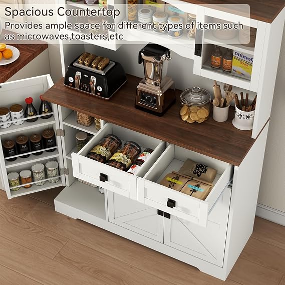 Loomie 60 Tall Farmhouse Pantry Cabinet, Kitchen Hutch with 2 Drawers, Kitchen Pantry Storage Cabinet with Adjustable Shelf and Microwave Stand, Food Pantry Cabinet for Living Room, Kitchen (White)