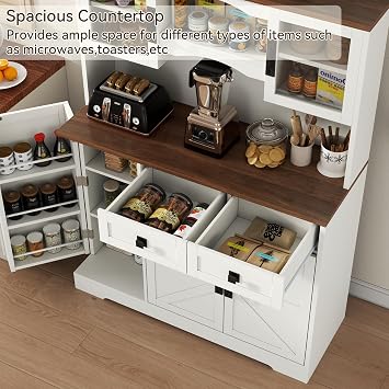 Loomie 60 Tall Farmhouse Pantry Cabinet, Kitchen Hutch with 2 Drawers, Kitchen Pantry Storage Cabinet with Adjustable Shelf and Microwave Stand, Food Pantry Cabinet for Living Room, Kitchen (White)
