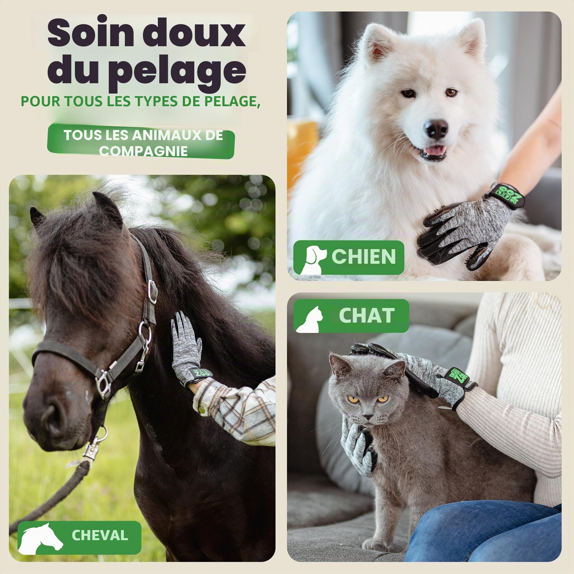 DR Zoo Gant de toilettage pour chien, chat ou cheval - (1 paire, taille L) - Gant pour le toilettage de tous les poils de chien et de chat - Gant de toilette pour tous les poils d'animaux - Gants de
