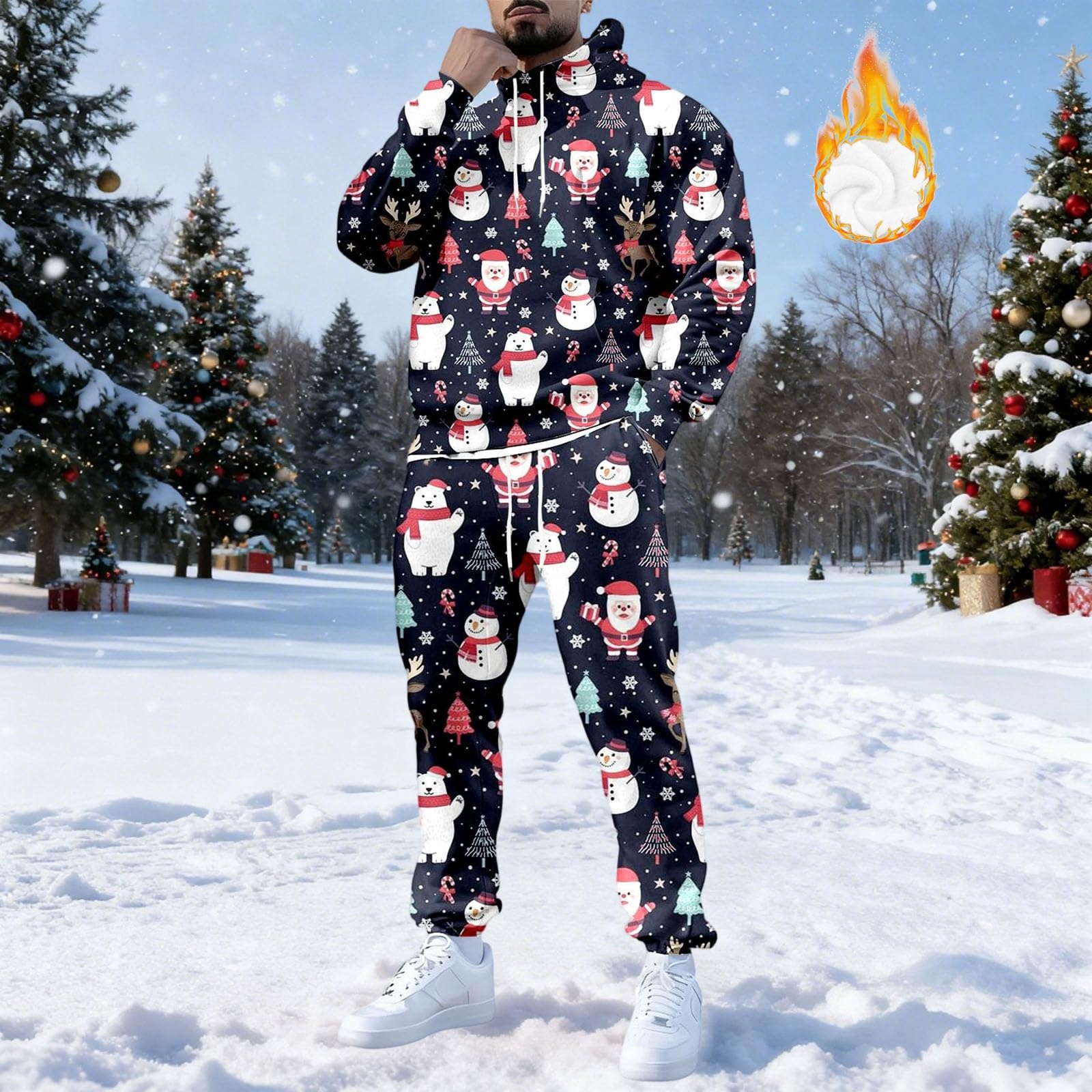 Generisch Tuta natalizia da uomo, per jogging, Natale, set di tute da allenamento, per feste, casual, per Natale, 2 pezzi, con stampa divertente, con felpa in pile + pantaloni da jogging