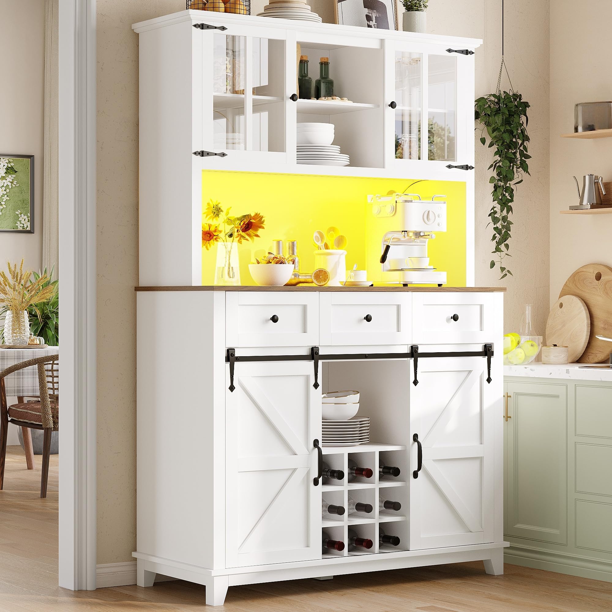 Küchenschrank mit Verstellbaren Ablagen und LED-Beleuchtung, Buffetschrank Hochschrank mit Weinregal und 3 Schubladen, Küchenschränke mit Arbeitsplatte, Küchenmöbel, Weiß, 105×38.4×180 cm