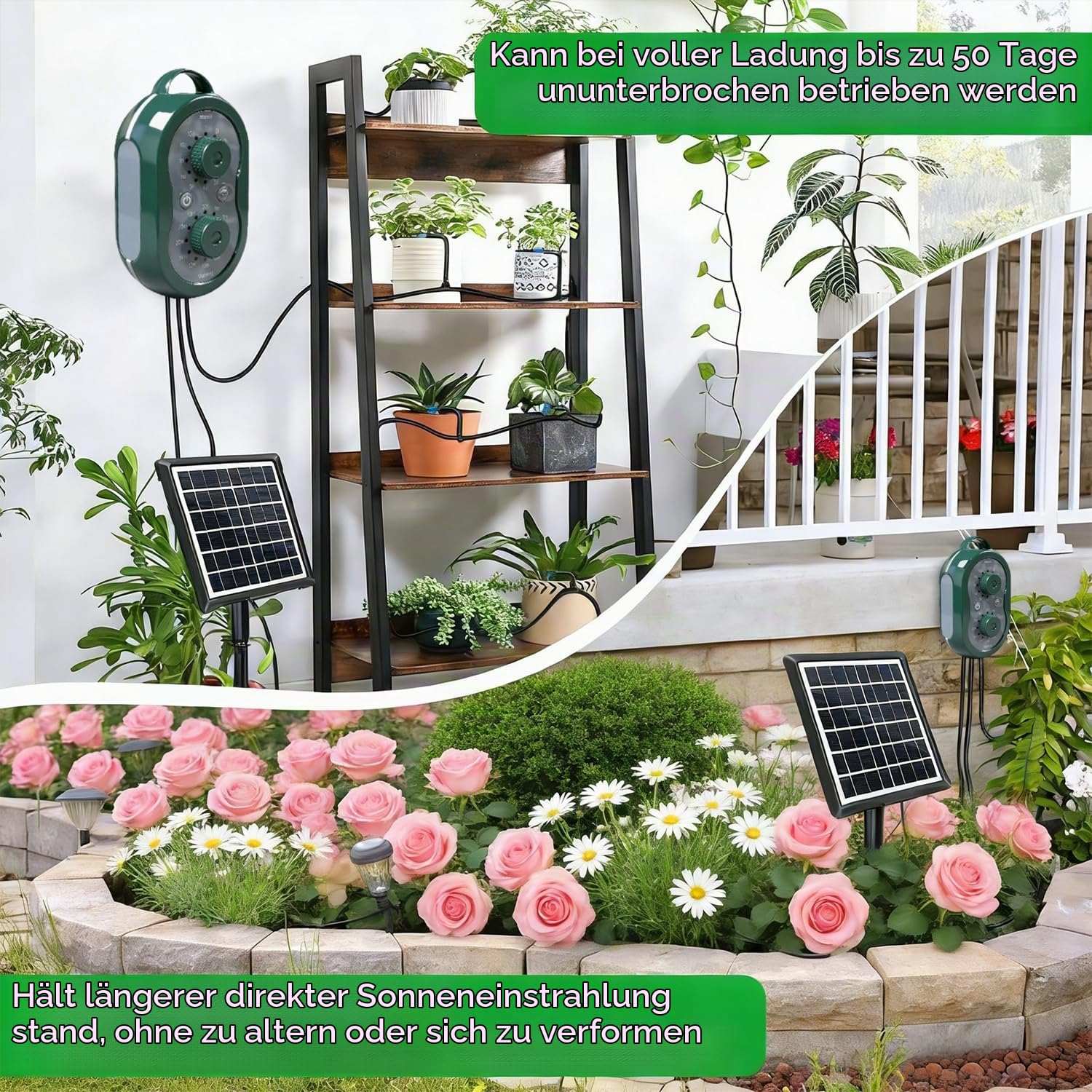 Solar Bewässerungssystem für 15 Pflanzen, Automatisches Tropfbewässerungssystem mit 132 Modi & 15 m Schlauch, Ideal für Balkon, Garten, Hochbeet & Gewächshaus