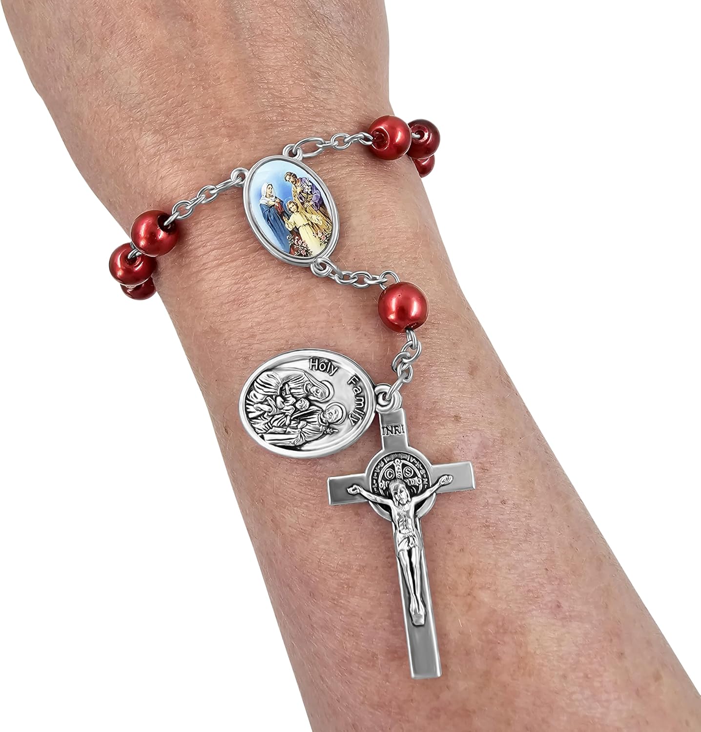 TALISMAN4U Saint Benedict Rosary for Car Rearview Mirror Holy Family Medal | One Decade, 8mm Glass Prayer Beads, Catholic Evil Protection Bracelet for Women Men
