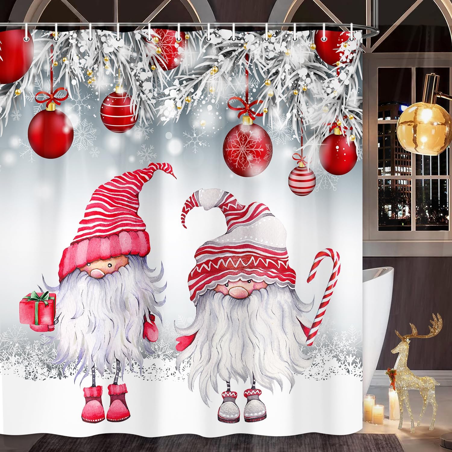 Christmas Gnomes Shower Curtain, Cute Red and Silver and