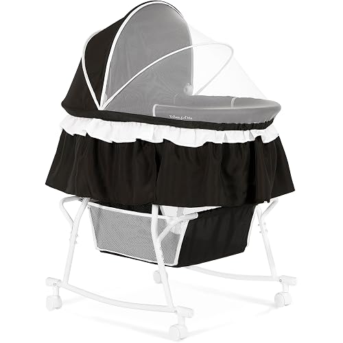 Dream On Me Lacy Portable 2-in-1 Bassinet & Cradle with Full Canopy, Storage Basket, Locking Wheels, Lightweight Frame, BSA Certified, Includes 1” Mattress Pad -Black