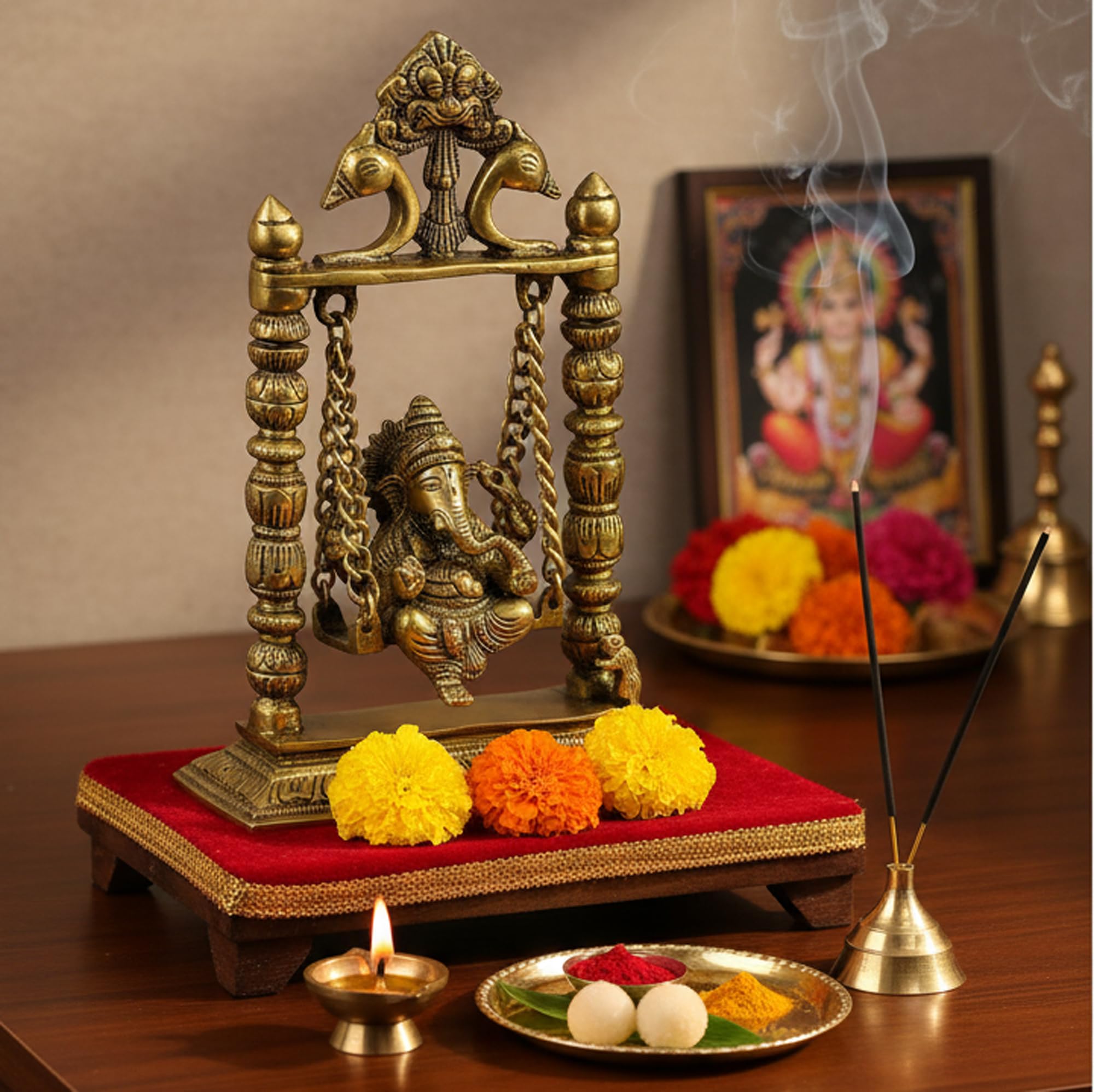 eSplanade - 9" Premium Ganesha Idol on Brass Swing | Showpiece Collectible Handicraft | Pooja Items for Home | Home Decor