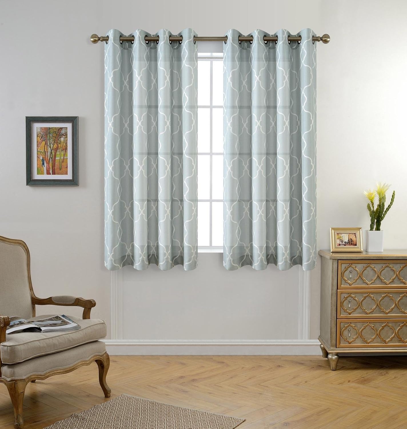 MIUCO Moroccan Embroidered Semi-Sheer Curtains Faux Linen Grommet Window Panel Pair for Nursery 52 x 63 Inch, Sea Foam - Image 3