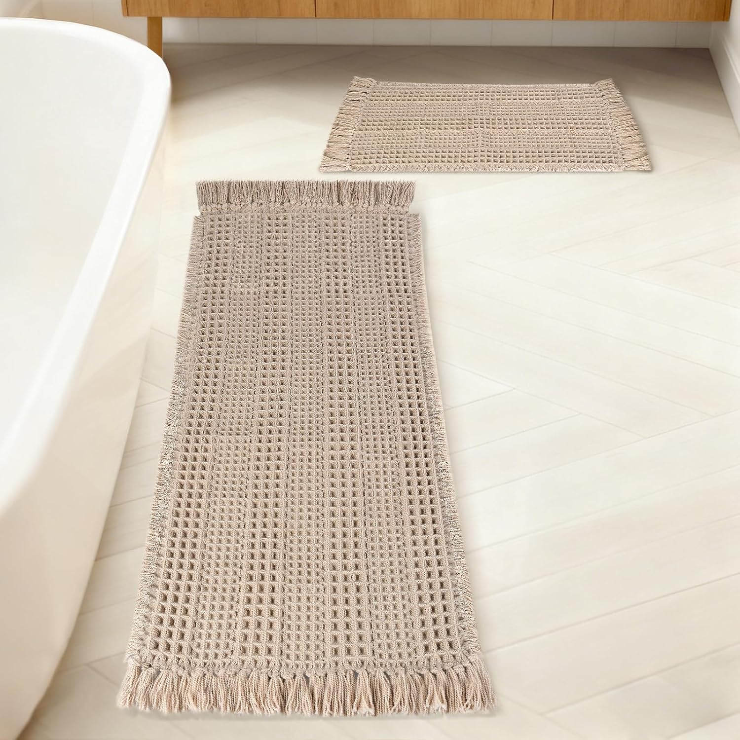 Waffle Bath Mat Set of 2, Absorbent Waffle Bathroom Rug with Tassels, Non Slip Bath Mats for Bathroom Floor, Ultra Soft Boho Bath Mat, Quick Dry Shower Mat, Machine Washable, 17"×24" & 20"×47", Khaki