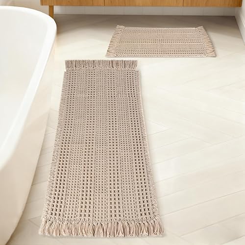 Juego de 2 tapetes de baño absorbentes con borlas, tapetes de baño antideslizantes para suelo de baño, tapetes de baño ultra suaves y bohemios,