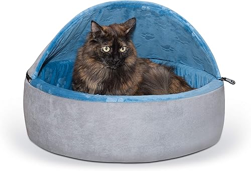 K&H Pet Products Cama de gatito con capucha para gatos o perros, color azulgris, grande, 20 pulgadas