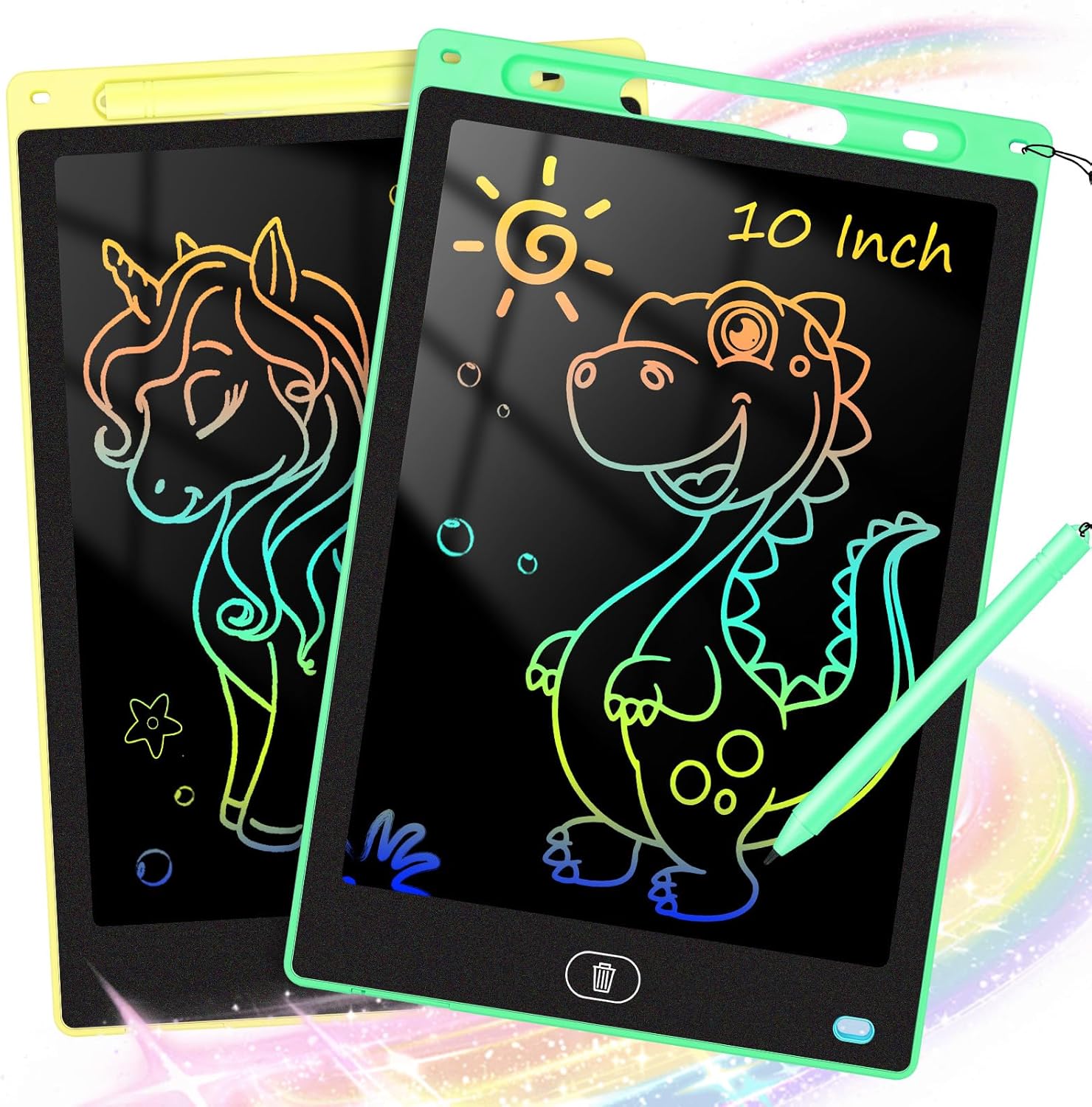 2 Pack 10" LCD Writing Tablet, Doodle Board & Drawing Pad for Kids Ages 3–8, One Key Erase, Screen Lock, Portable Mess-Free Travel Toy, Christmas Stocking Stuffers, Yellow & Green