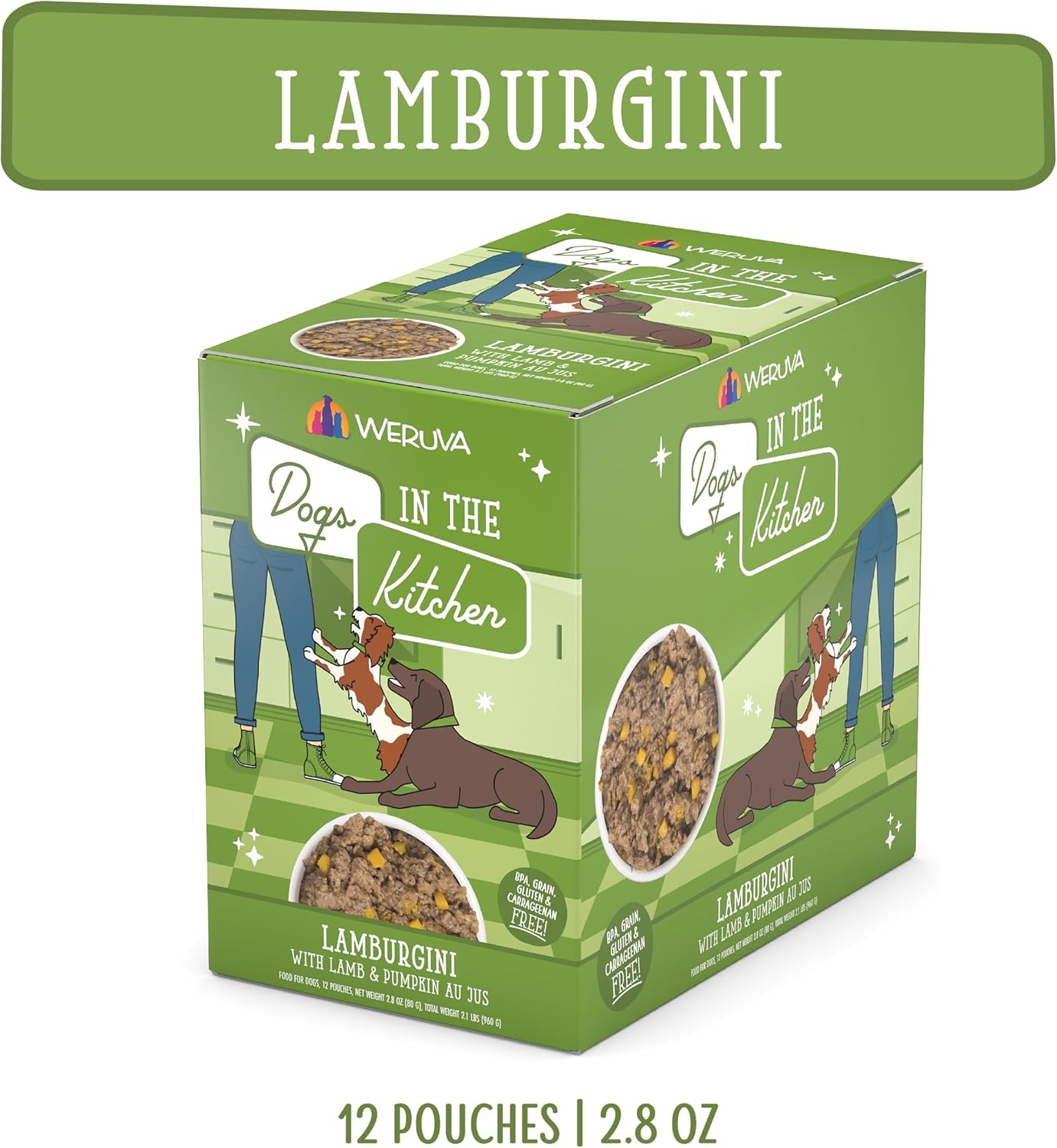 Weruva Dogs in The Kitchen, Lamburgini with Lamb & Pumpkin Au Jus Dog Food, 2.8oz Pouch (Pack of 12), Green