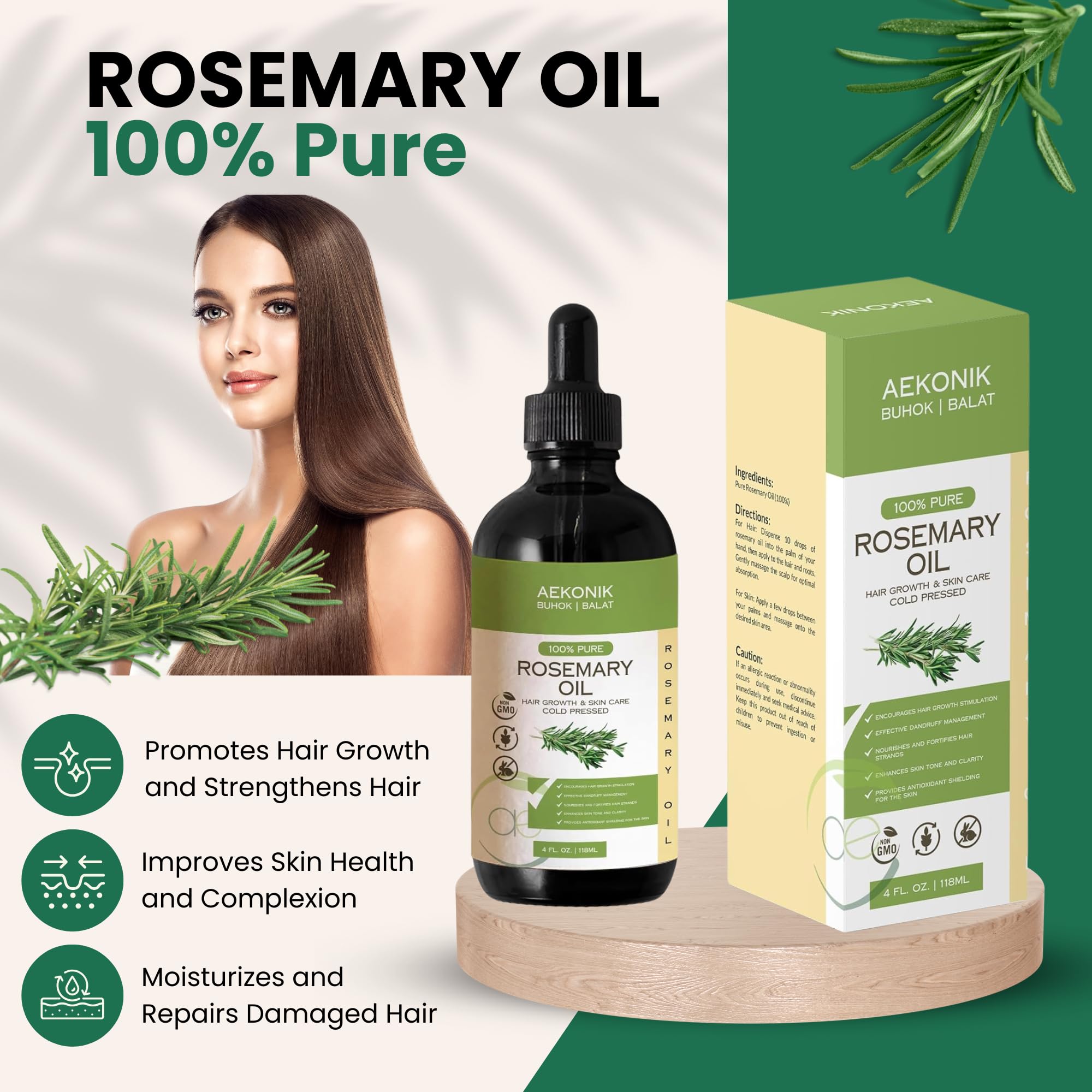 AEKONIK Pure Rosemary Essential Oil, 4 Oz , Moisturizing Hair Serum for Frizzy and Damaged Hair, Face and Skin Care -Organic Hair Growth Oil for Men and Women