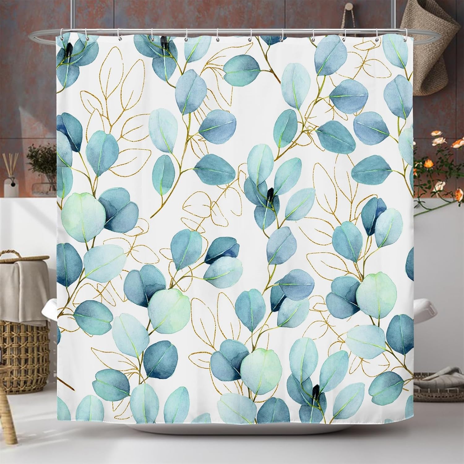 Botanical Shower Curtain, Blue Leaves Plants Floral Tree Bathroom Curtain, Spring Natural Watercolor Plants Shower Curtain Set with 12 Hooks for Bathroom, 72Wx78L inch