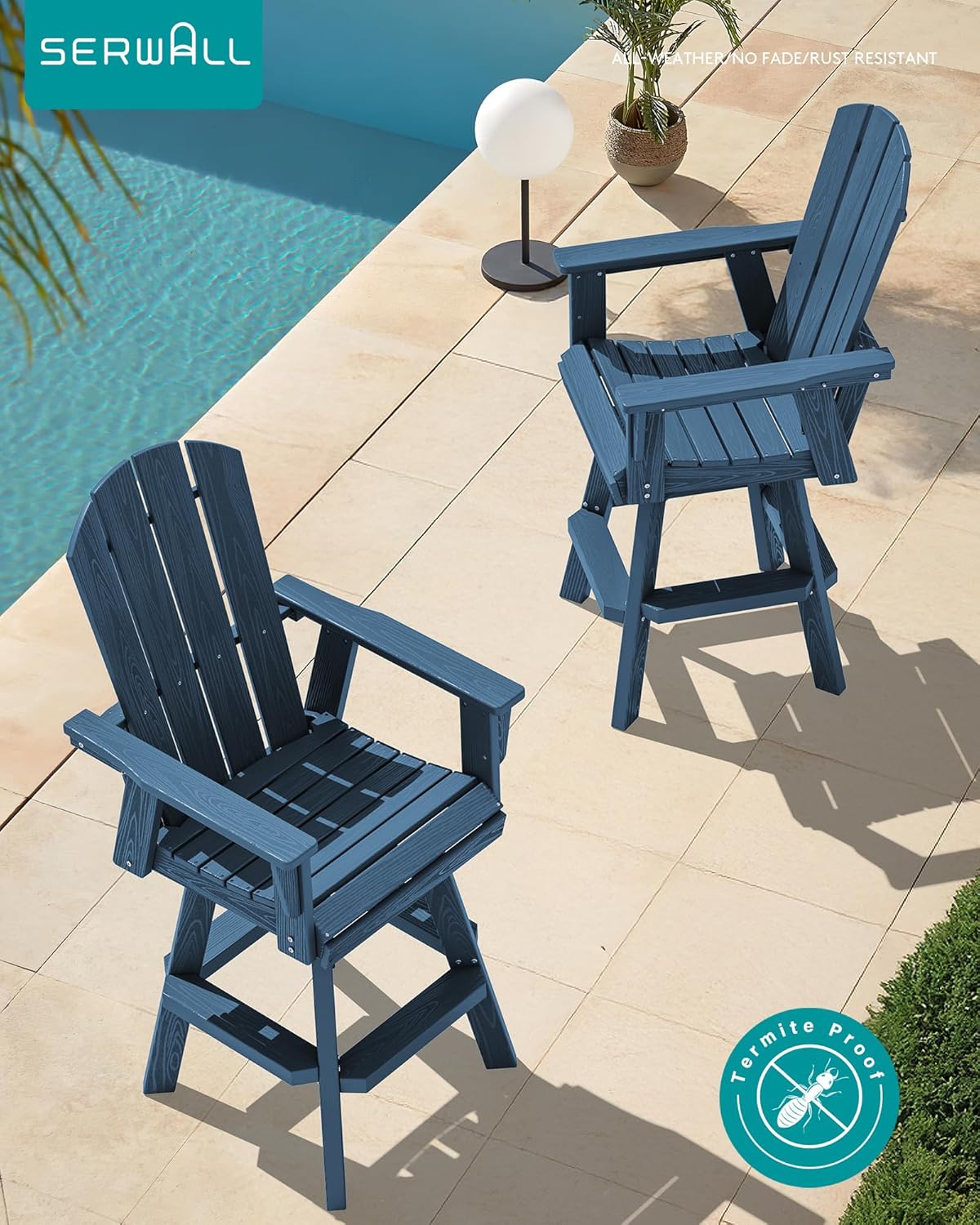 SERWALL Swivel Adirondack Bar Chairs Set of 2, HDPE Outdoor Swivel Barstools Chairs Set of 2 for Bistro, Poolside, Garden, Blue