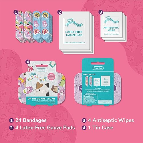 Miniatura 3 de Smart Care Squishmallow - Kit de primeros auxilios de viaje con toallitas antisépticas, paquete variado de vendaje para niños, almohadillas de gasa