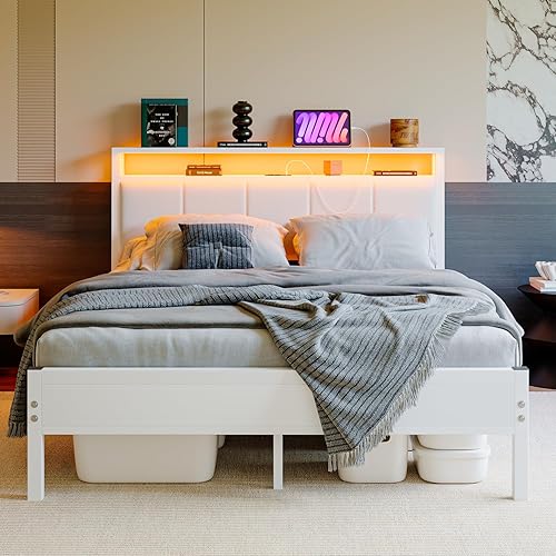 Miniatura 14 de Base de cama de tamaño matrimonial con luces LED, cabecera tapizada con estantes de almacenamiento y estación de carga, base de colchón LED Negro y