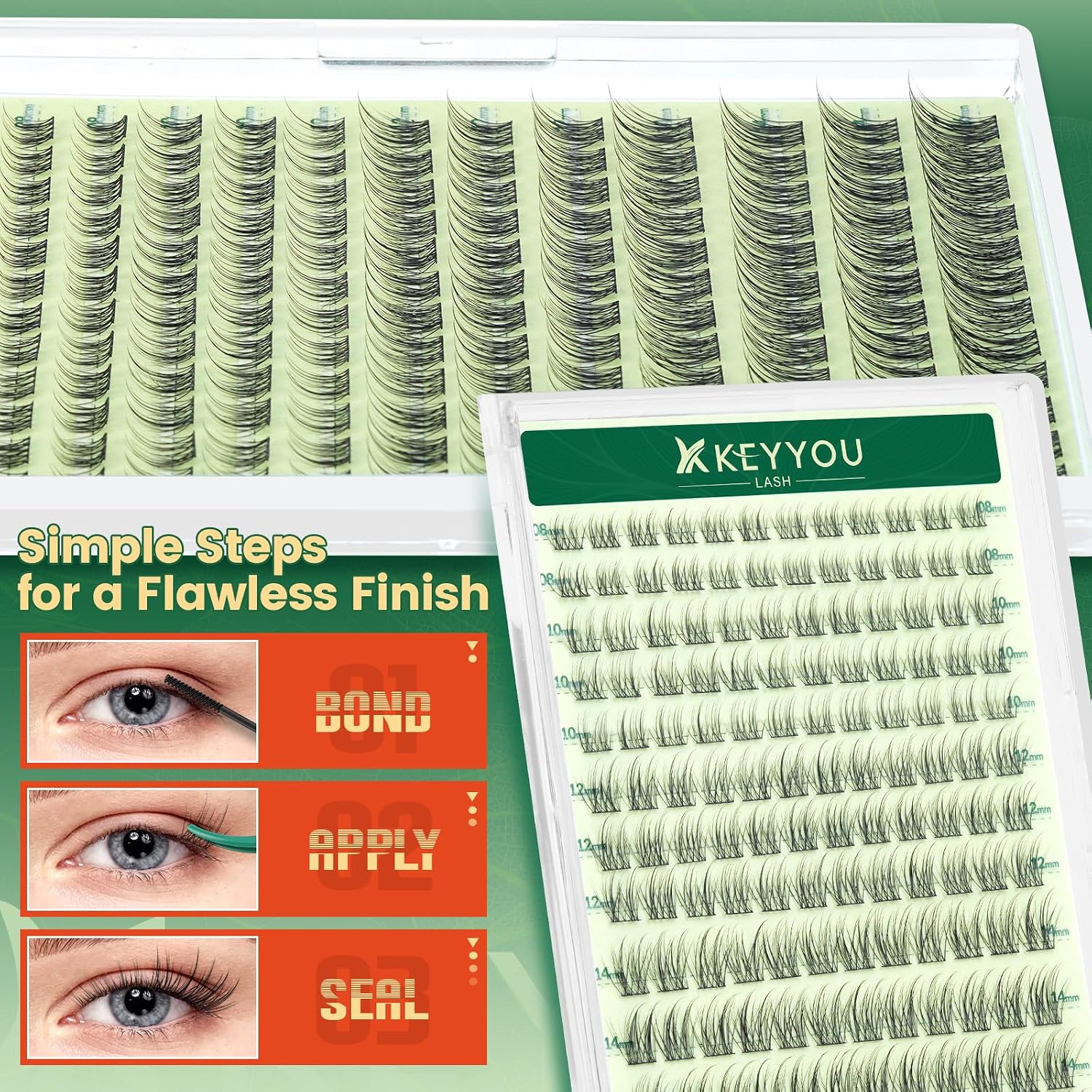 KEYYOU Lash Clusters Kit Natural 8-16MIX C Curl – Wispy Fluffy Lash Extension Kit 144pcs with Bond & Seal, Applicators Eyelash Clusters for DIY at Home for Natural Salon Look(Jungle)