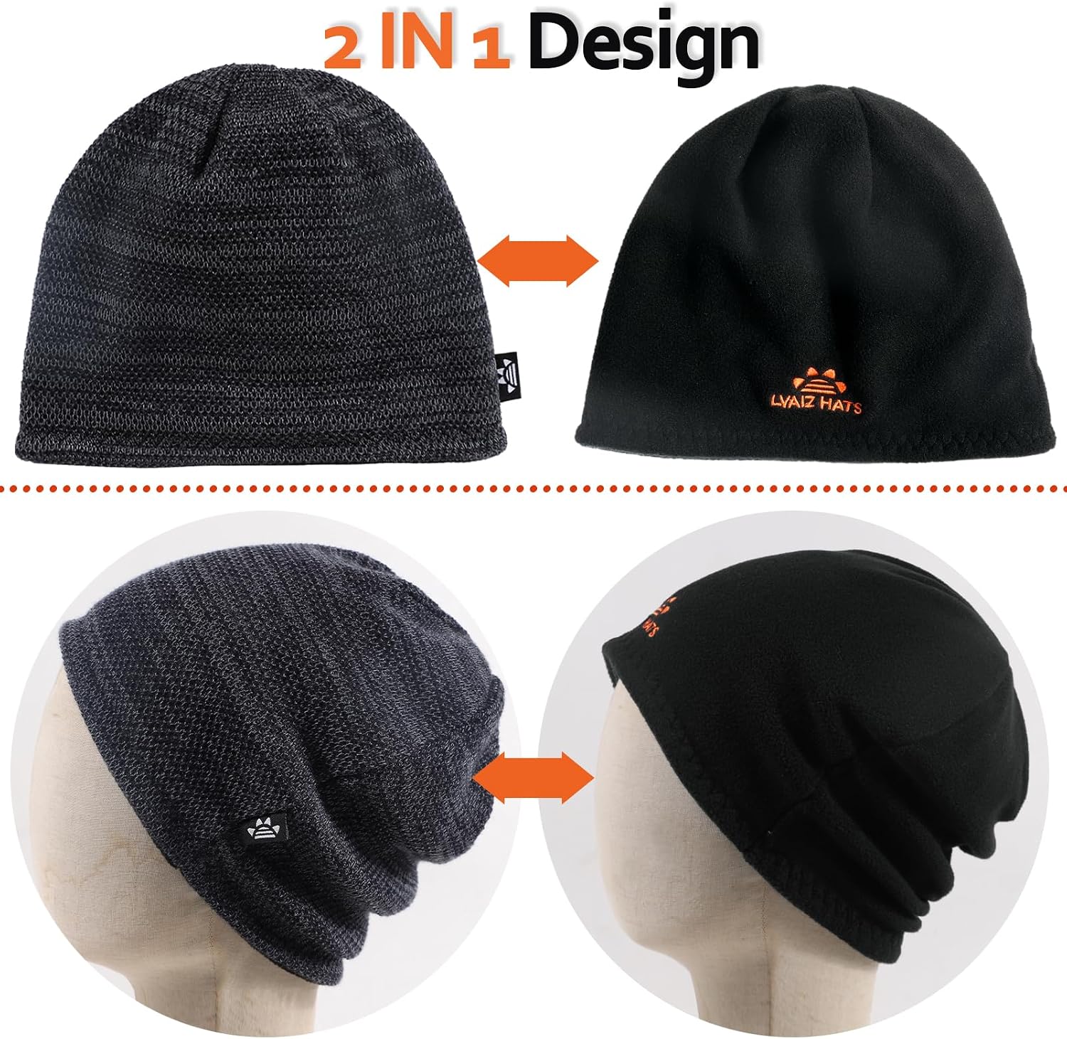 3 Pack Reversible Winter Fleece Lined Beanie Hats for Men Women Warm Windproof Cotton Stretchy Knitted Skull Caps