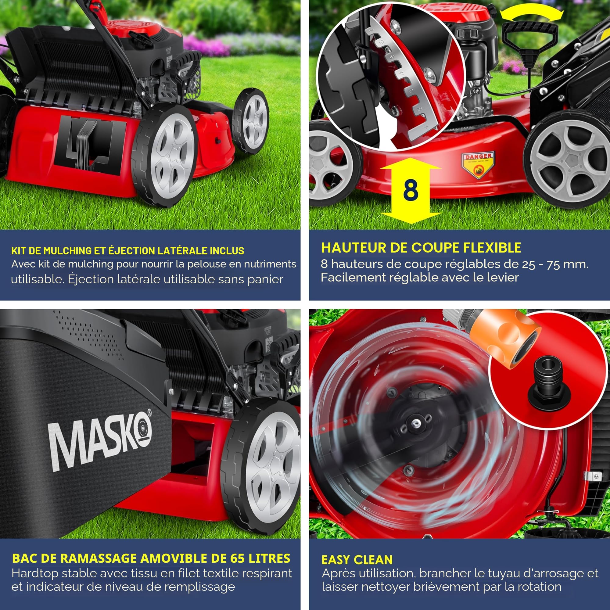 MASKO® Tondeuse à Essence 5 en 1 Roue motrice Fonction de Nettoyage, Largeur de Coupe 51cm, EasyClean Fonction Mulching Éjection latérale Largeur de Coupe élevée Réglage de la Hauteur de Coupe
