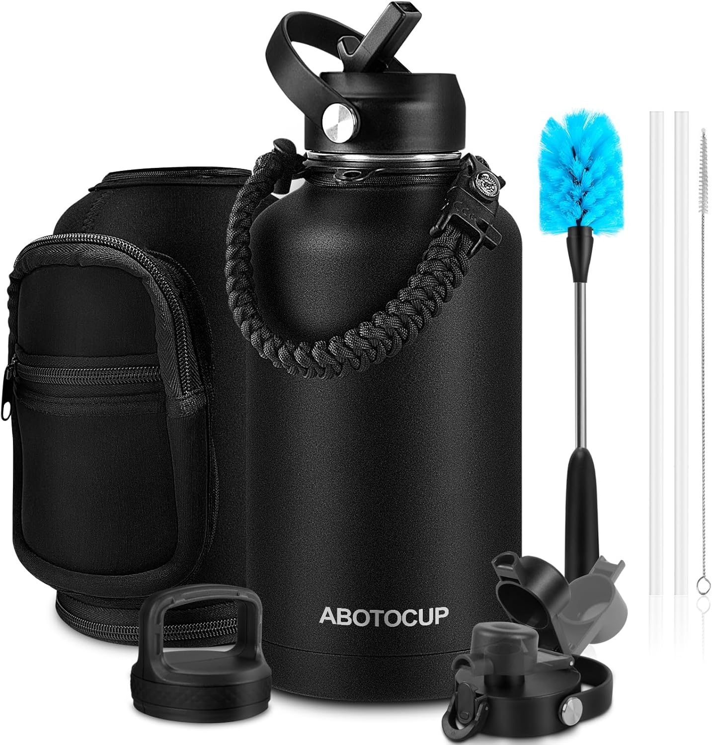 64oz Water Bottle with Powder Coated, Stainless Steel Insulated Water Bottle with Straw Lids&Paracord Handle, Half Gallon Water Bottle Double Wall Leak-proof BPA Free, Water Jug Keep Cold&Hot