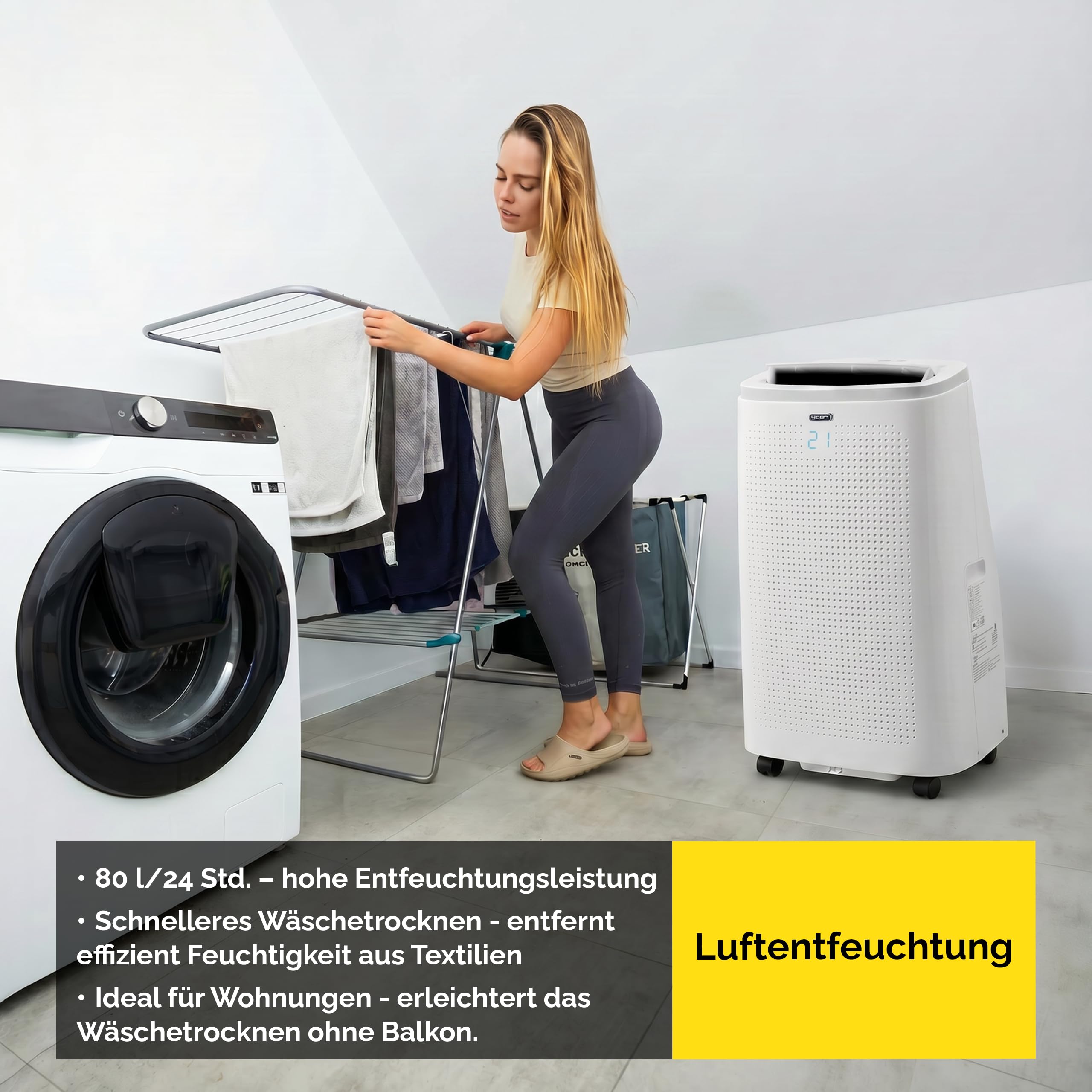 Yoer Mobile Klimaanlage, 16000 BTU, 4,7kW, 54 dB leise, 4-in-1 Kühlen Heizen Entfeuchten und Lüften, Raumgröße bis 75 m², WLAN, Fernbedienung, Arctico Pro PAC02W, weiß