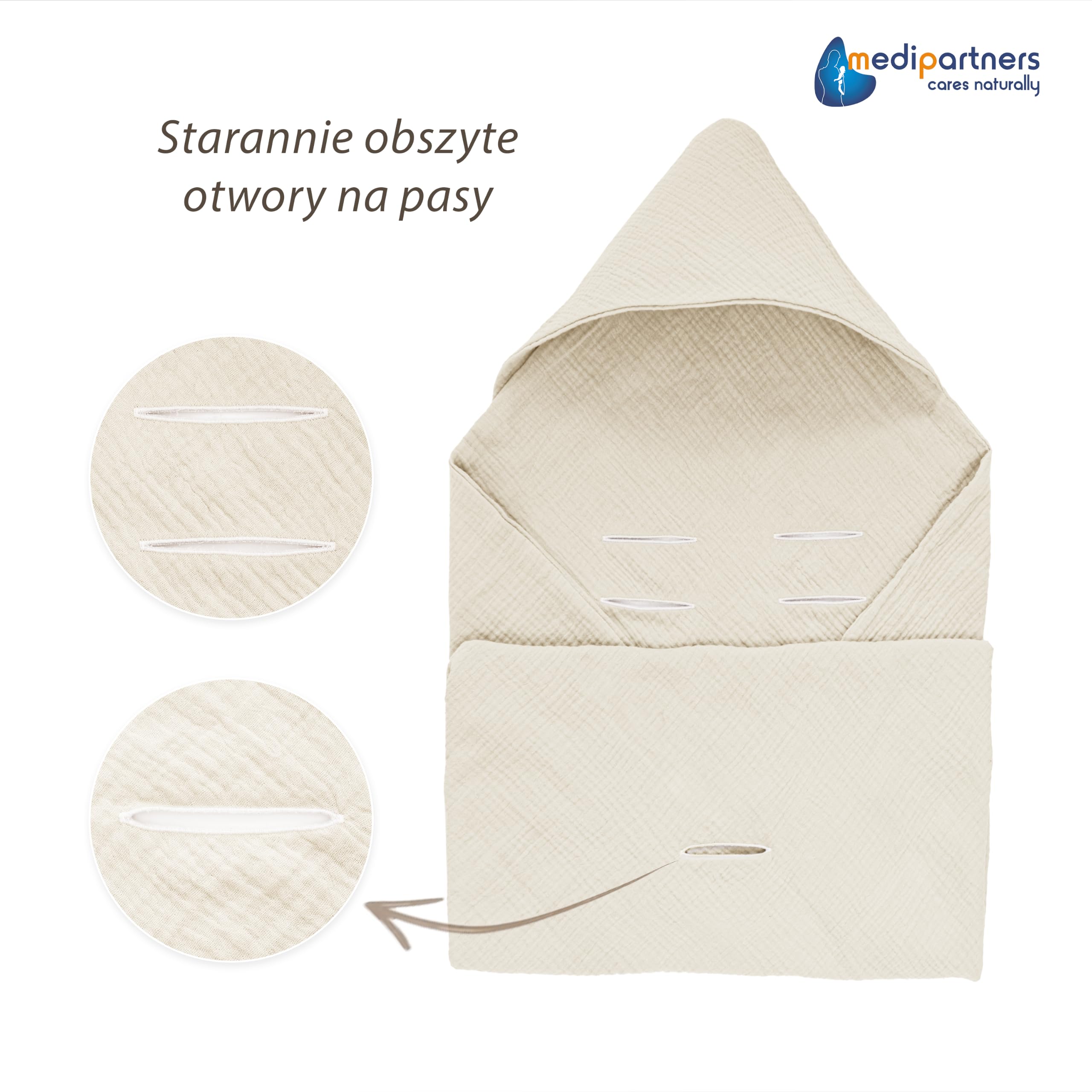 Medi Partners Otulacz z kapturkiem 100% bawełna na lato 85x85 cm kocyk wózka uniwersalny kocyk niemowlęcy kapturek do wózka kocyk do fotelika samochodowego (Beż)