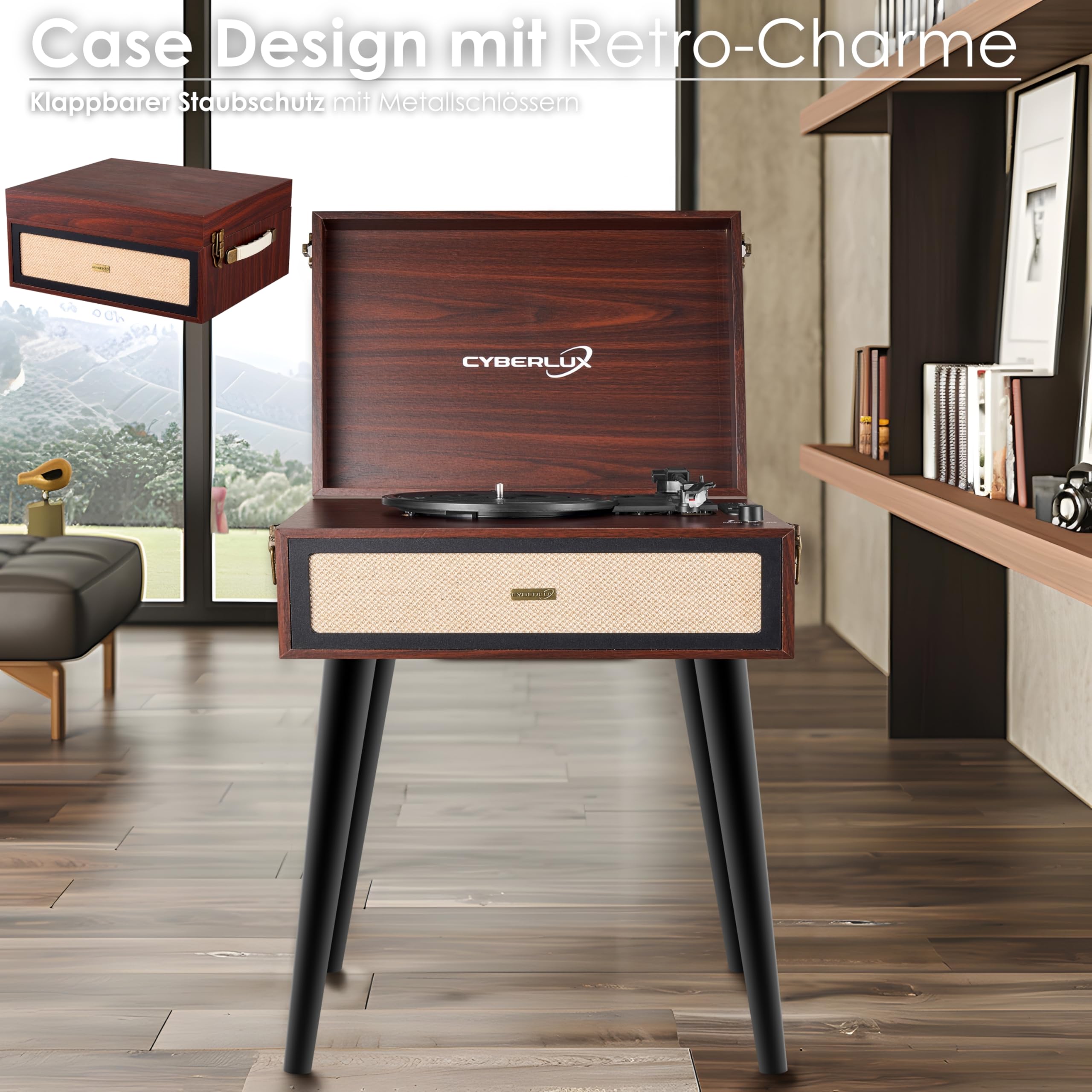 Tourne-disque rétro avec support et haut-parleur Full Range Bluetooth, radio FM, USB, entrée AUX IN, fente micro SD, tourne-disque vinyl nostalgique, tourne-valise avec pieds
