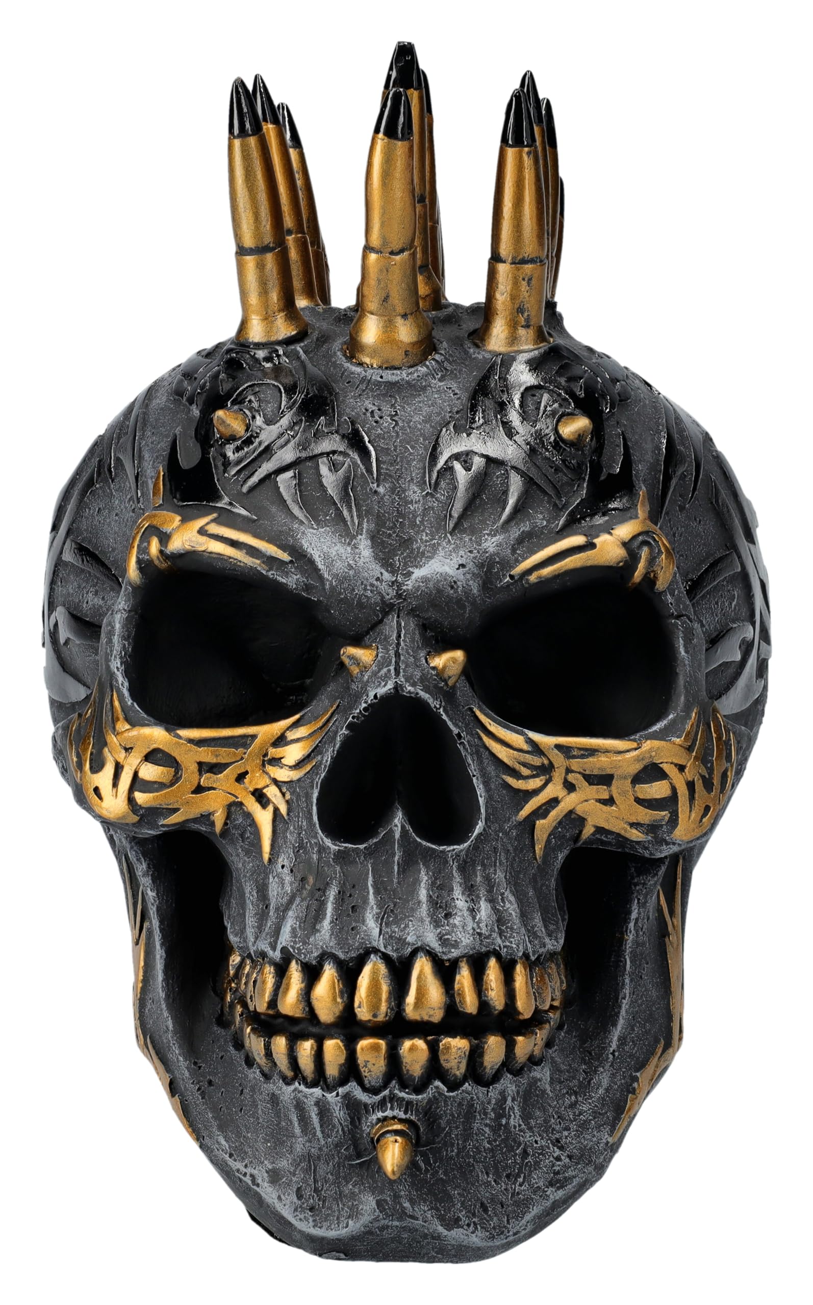 Figurita de calavera Iro, negro y oro de espiral, 16,5 cm – cráneo, calavera, tribales, iroquesis, peinado, bolas