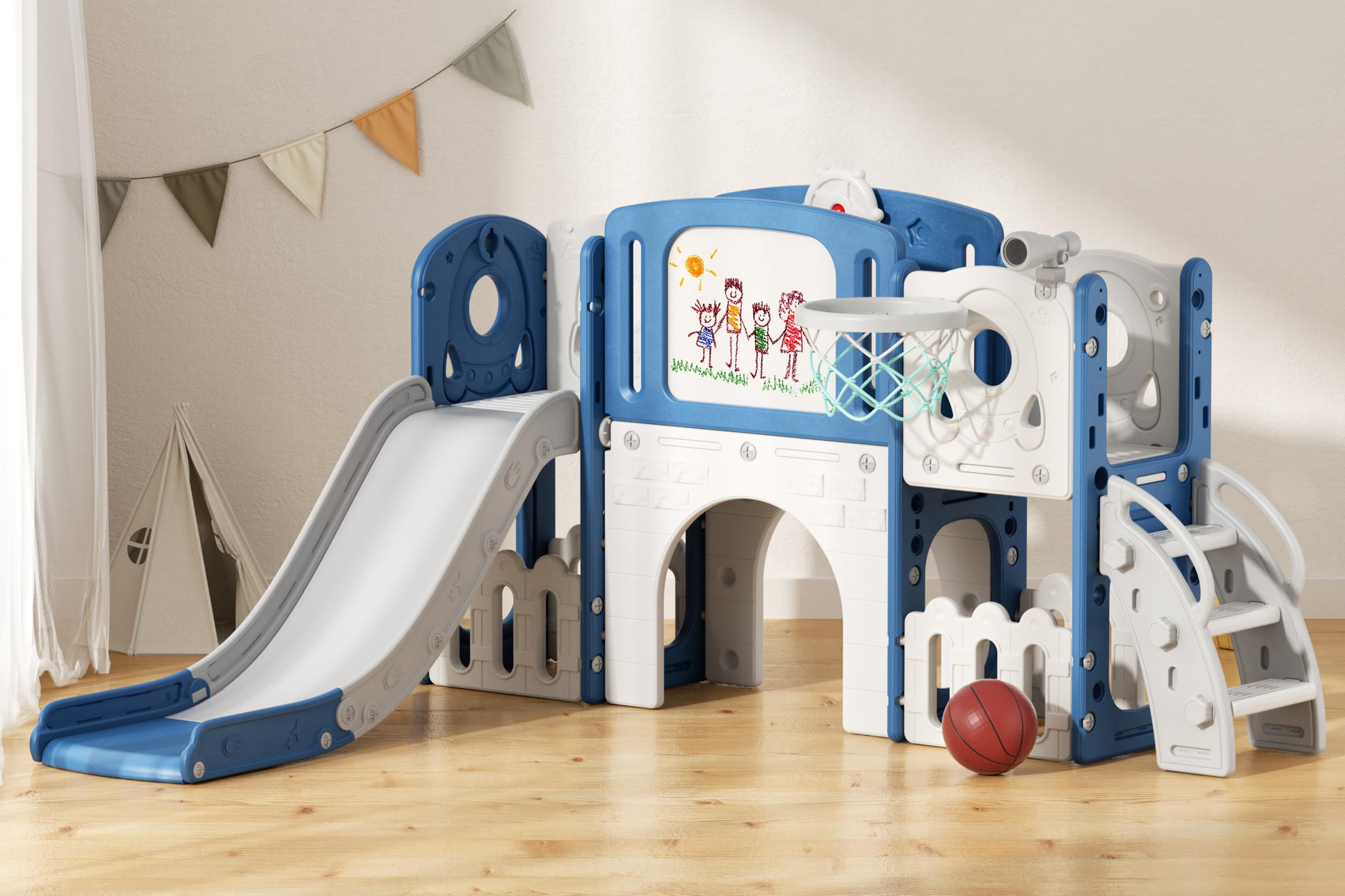 Glaf 9 in 1 Toddler Slide Outdoor Playset Playground Baby Kids Indoor Slides for Toddlers 1-3 with Climber Basketball Hoop Drawing Board and Storage