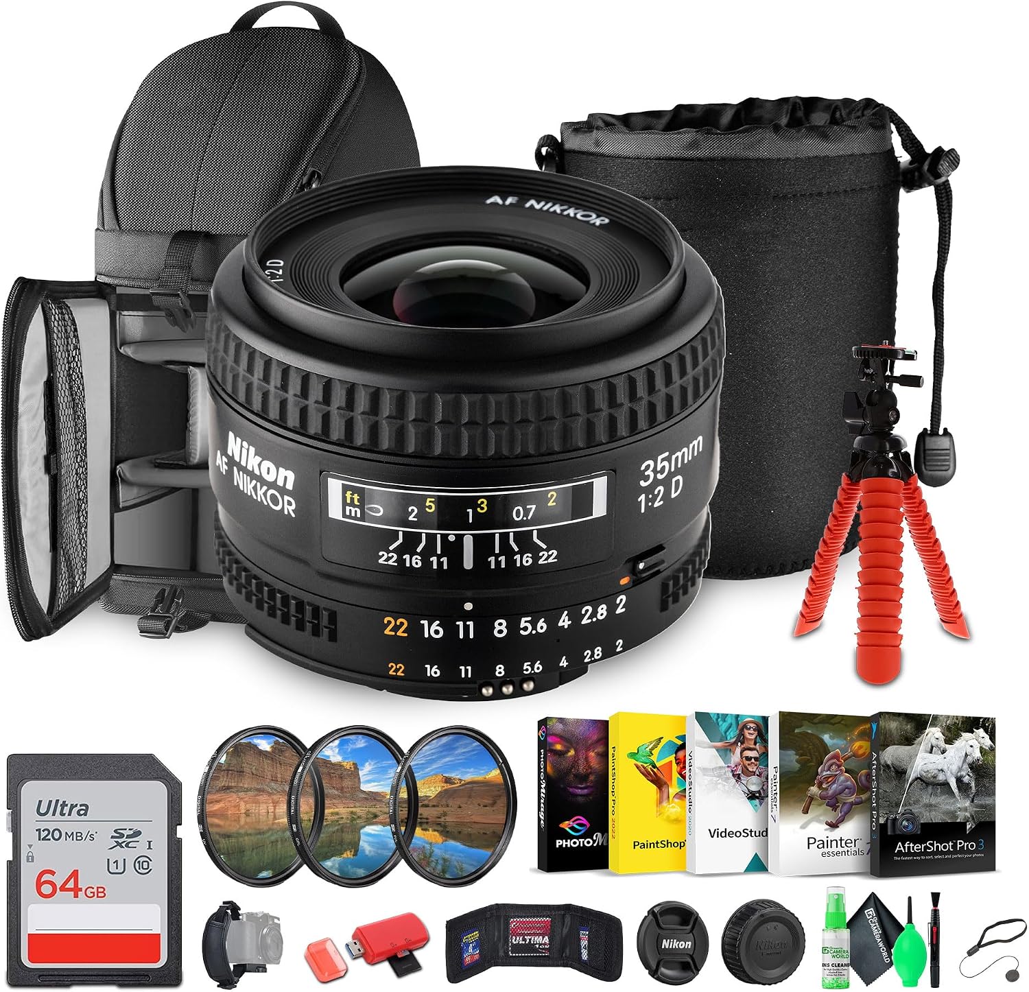 Nikon AF NIKKOR 35mm f/2D Compact Standard Lens (1923) & Tripod Bundle