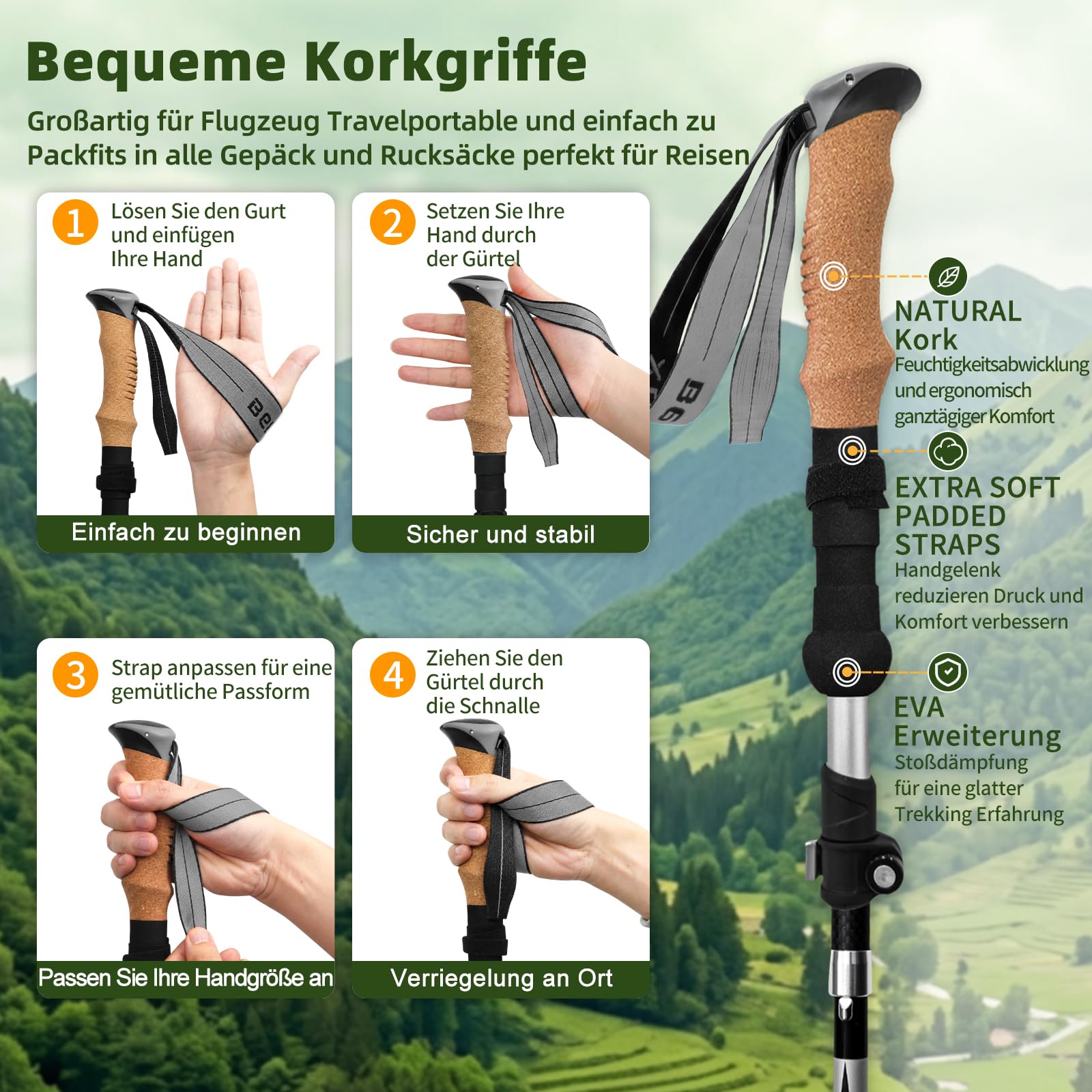 3K Carbon Trekkingstöcke Faltbar, Ultraleicht, 3-Fach Klappbar, Höhenverstellbar mit Korkgriff und Schnellverschluss, Wanderstöcke für Damen und Herren, Orange
