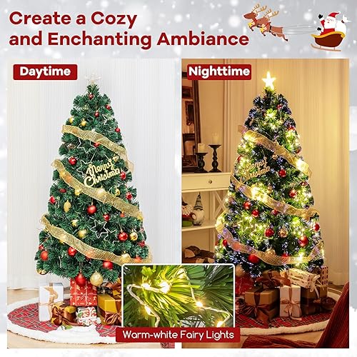 Miniatura 26 de Goplus Árbol de Navidad artificial de fibra óptica preiluminado, con luces LED multicolor y copos de nieve (6 pies)