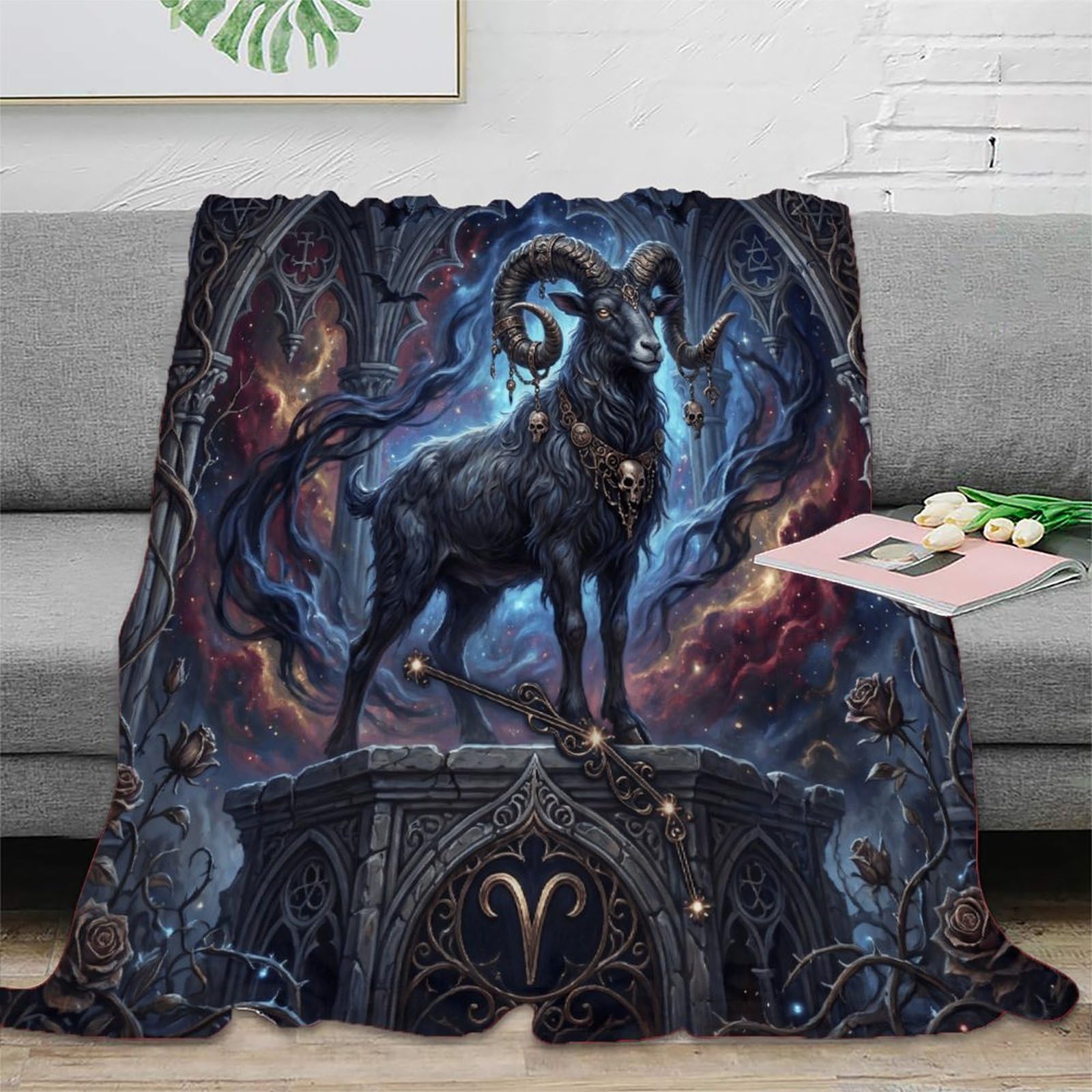 W7C8U2X3 Aries Zodiac Dark Gothic Flannel Throw Blanket, Reading Couch Use