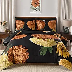 DJY Conjunto de edredom Queen, 7 peças, preto, floral, elegante, com estampa de flores, em uma bolsa, conjunto completo de microfibra macia para todas as estações