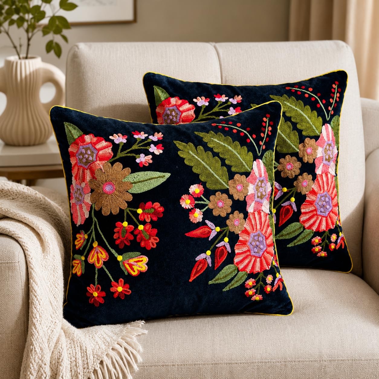 Cushion Cover Embroidery Velvet, piece 2 | Embroidered Design, Floral Pattern, Cotton Material, Hidden Zip Closure, 40x40 cm Size-image-35