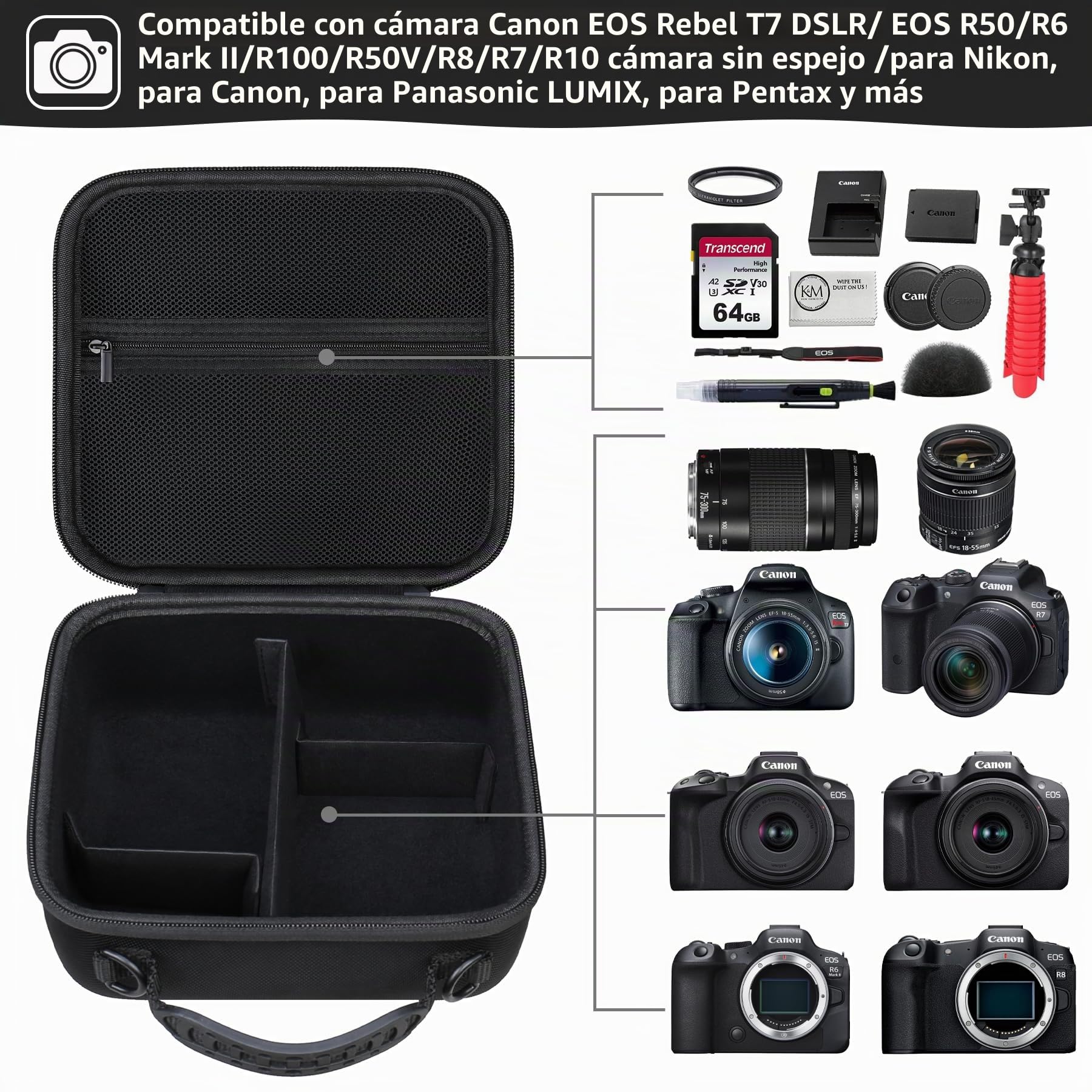 Funda de Viaje Dura para cámara DSLR Canon EOS Rebel T7 / EOS R50 / R6 Mark II / R100 / R50V / R8 / R7 / R10 sin Espejo, Lente, trípode con 3 Piezas de divisores y Correa de Hombro, Negro