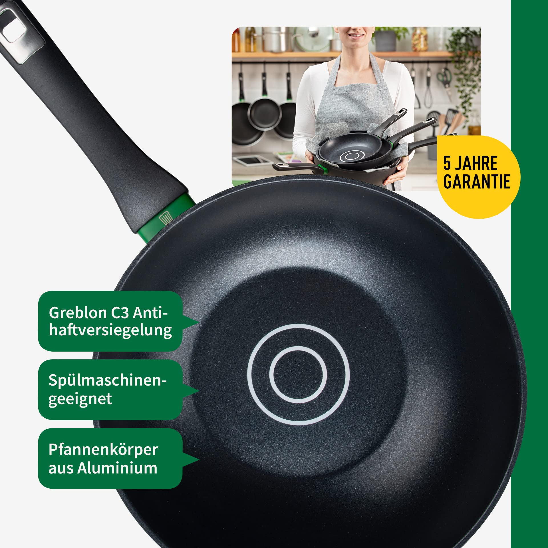 Chefkoch Wokpfanne Ø28 cm Hamburg mit Antihaft-Beschichtung – Wok aus Aluminium: Extra leicht – Für alle Herdarten geeignet (auch Induktion)