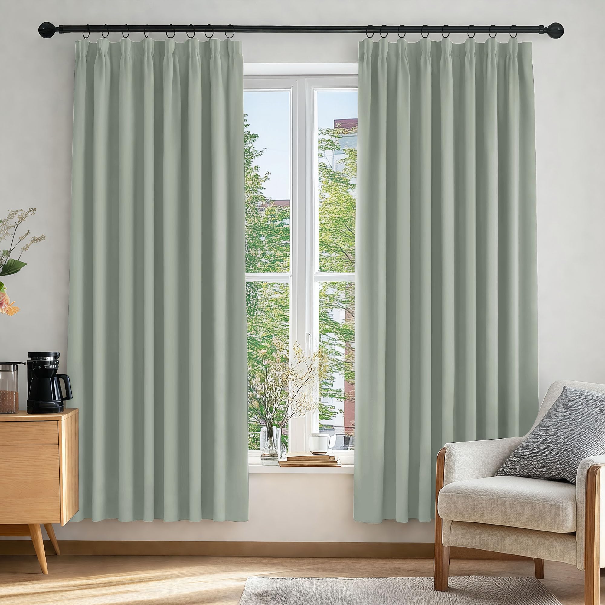Deconovo Thermal Insulated Blackout Curtains, Pencil Pleated Eyelet Curtains,Room Darkening Soft Drapes for Bedroom, 66 x 72 Inch, Sage Green, 2 Panels