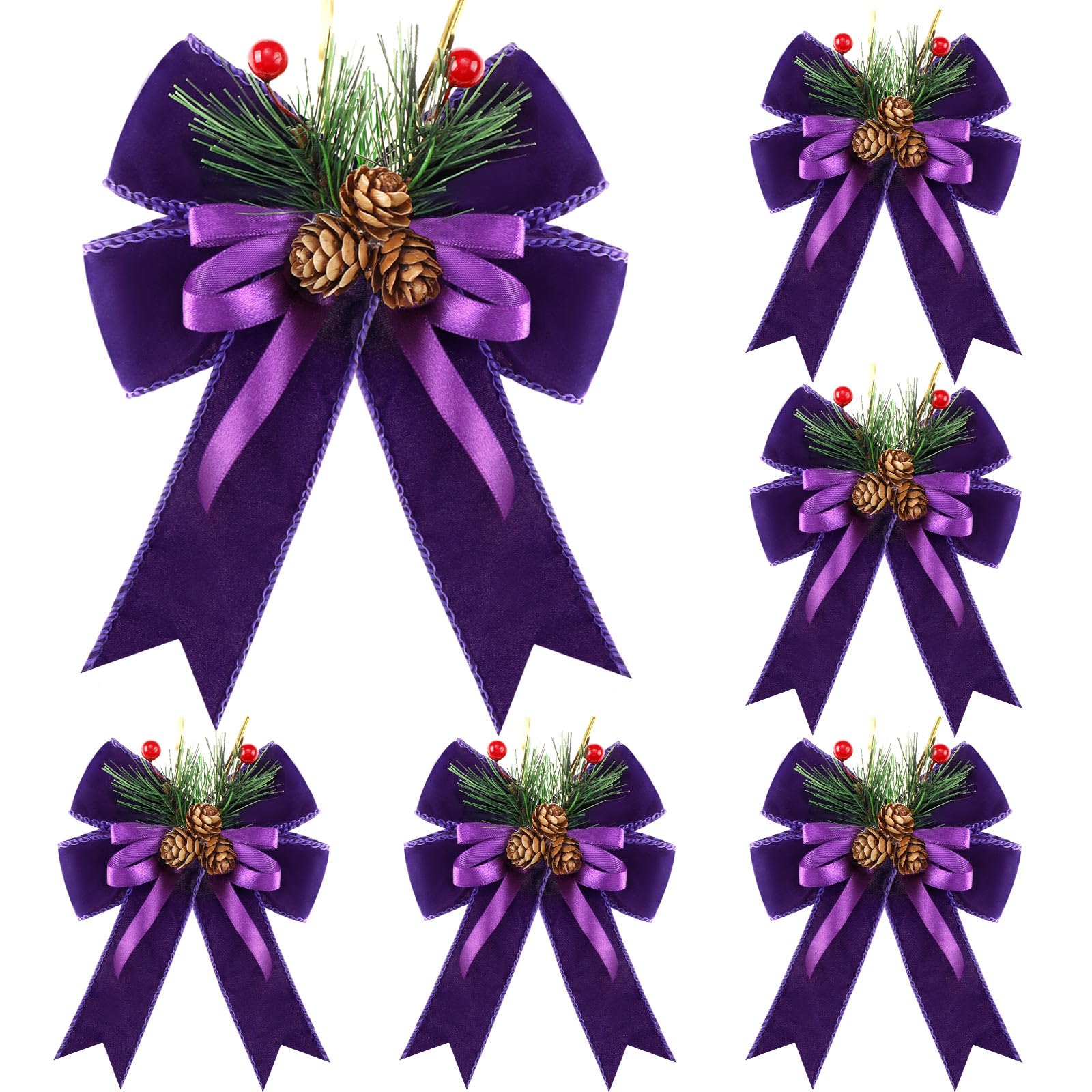 Lazos navideños morados con piñas, el adorno ideal para tus regalos y fiestas de Navidad