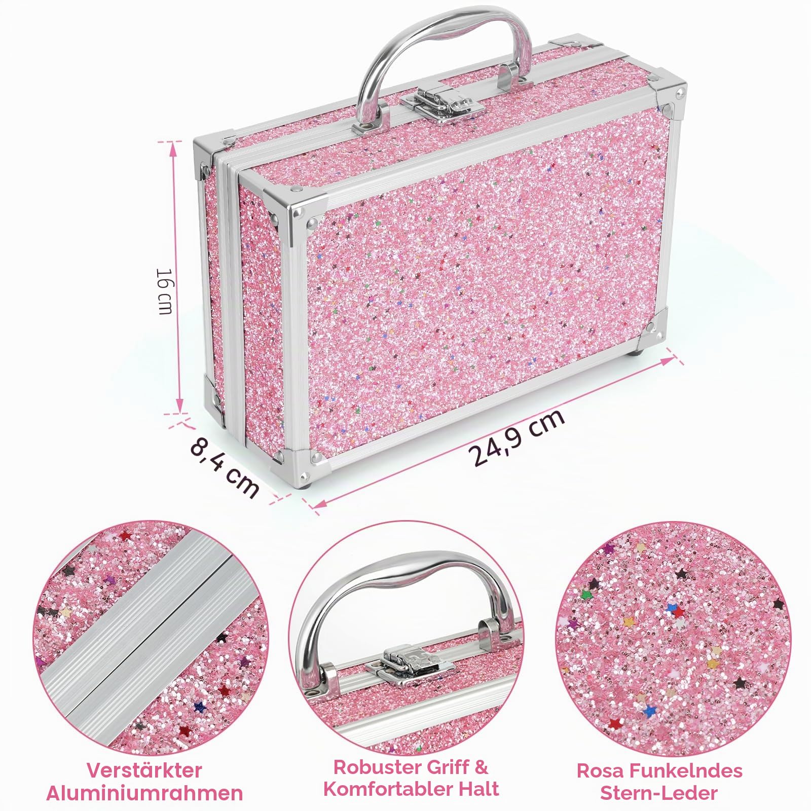 Anpro Veganes Hot Pink Schminkkoffer, Make Up Set für unterwegs mit Kosmetikpinsel, Lippenstift, Lidschattenpalette, Rouge, Glitzer-Gel in Rosa, lustiger Reise-Schminkkoffer für Mädchen