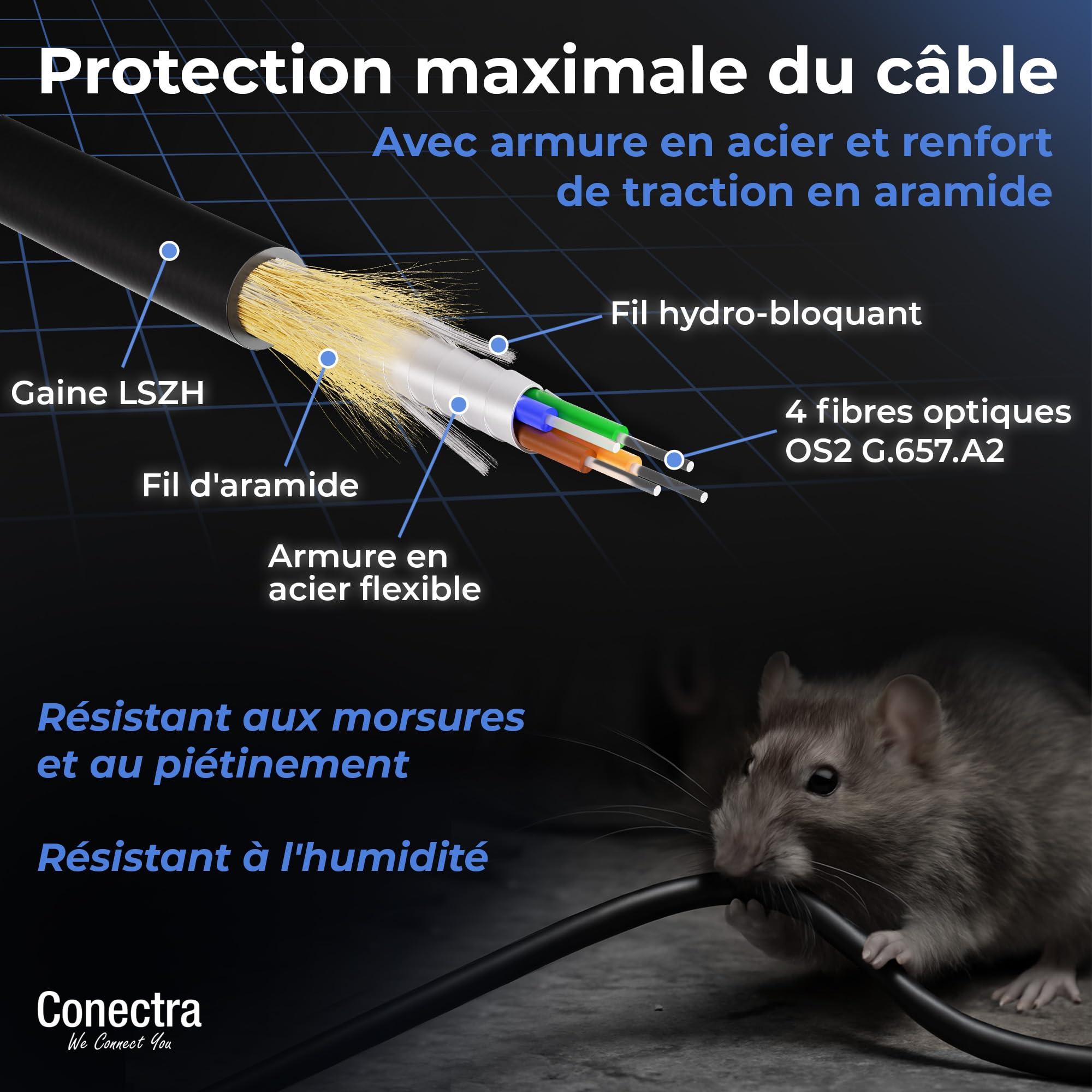 40m Câble Fibre Optique Blindé 4 Brins OS2 LC/UPC ⌀4mm | Monomode 9/125µm G.657.A2, Jarretière Rallonge Cordon, Breakout sans Épissures, Intérieur/Extérieur, Noire, LSZH