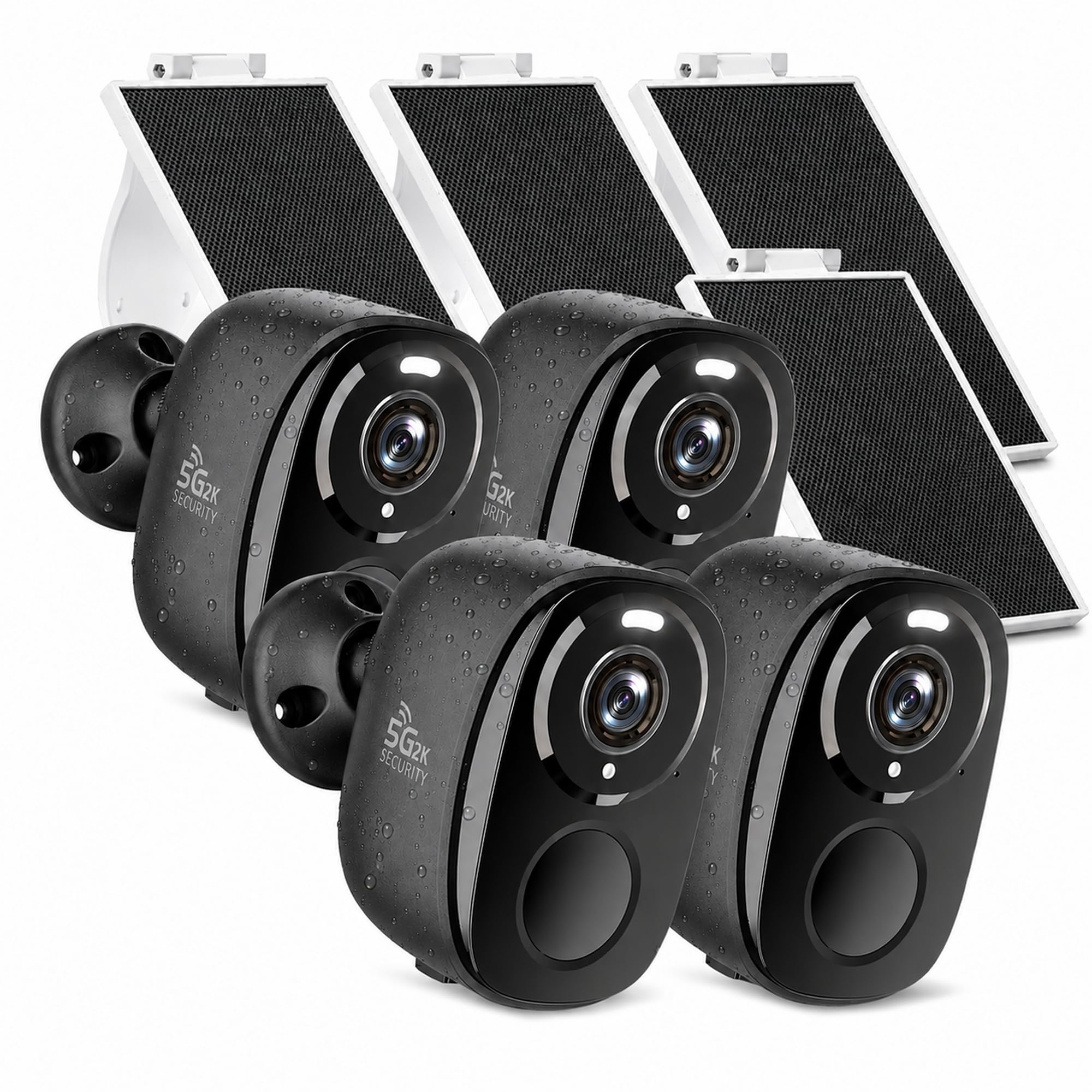 Lot de 4 caméras de sécurité d'extérieur sans fil 2K solaires sans fil avec Wi-Fi 5 GHz/2,4 GHz, détection de mouvement AI, vision nocturne couleur, audio bidirectionnel, IP65, stockage SD