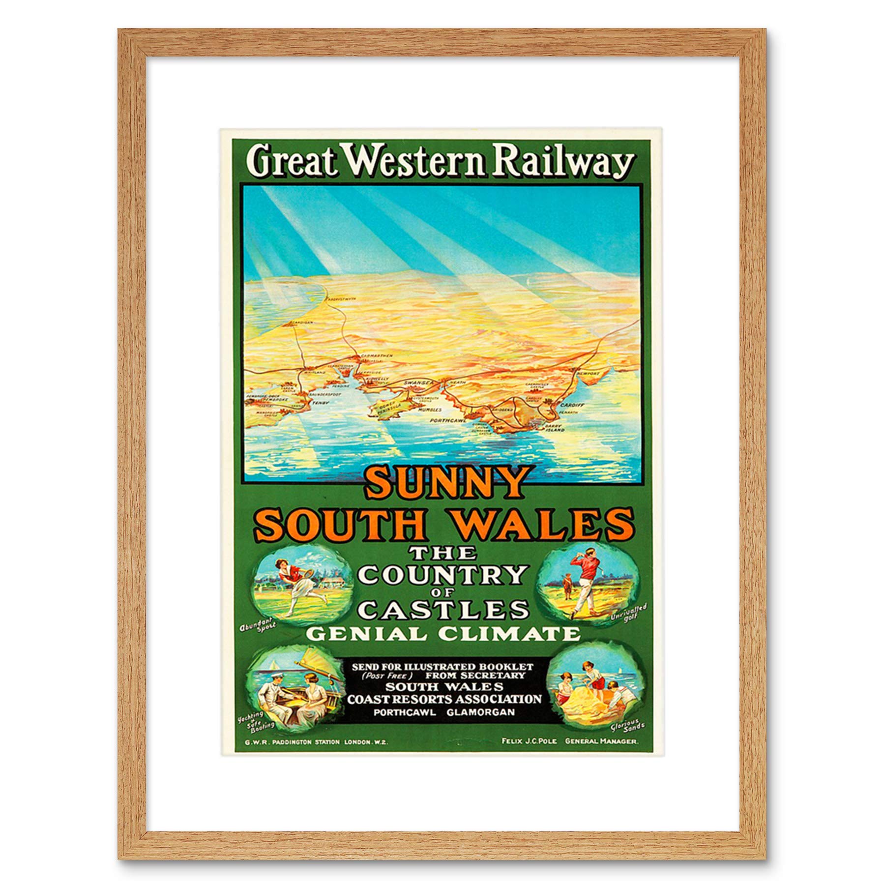 Wee Blue Coo Travel Tourism Gwr Railway Wales Sport Fun Sun Map Framed Wall Art Print