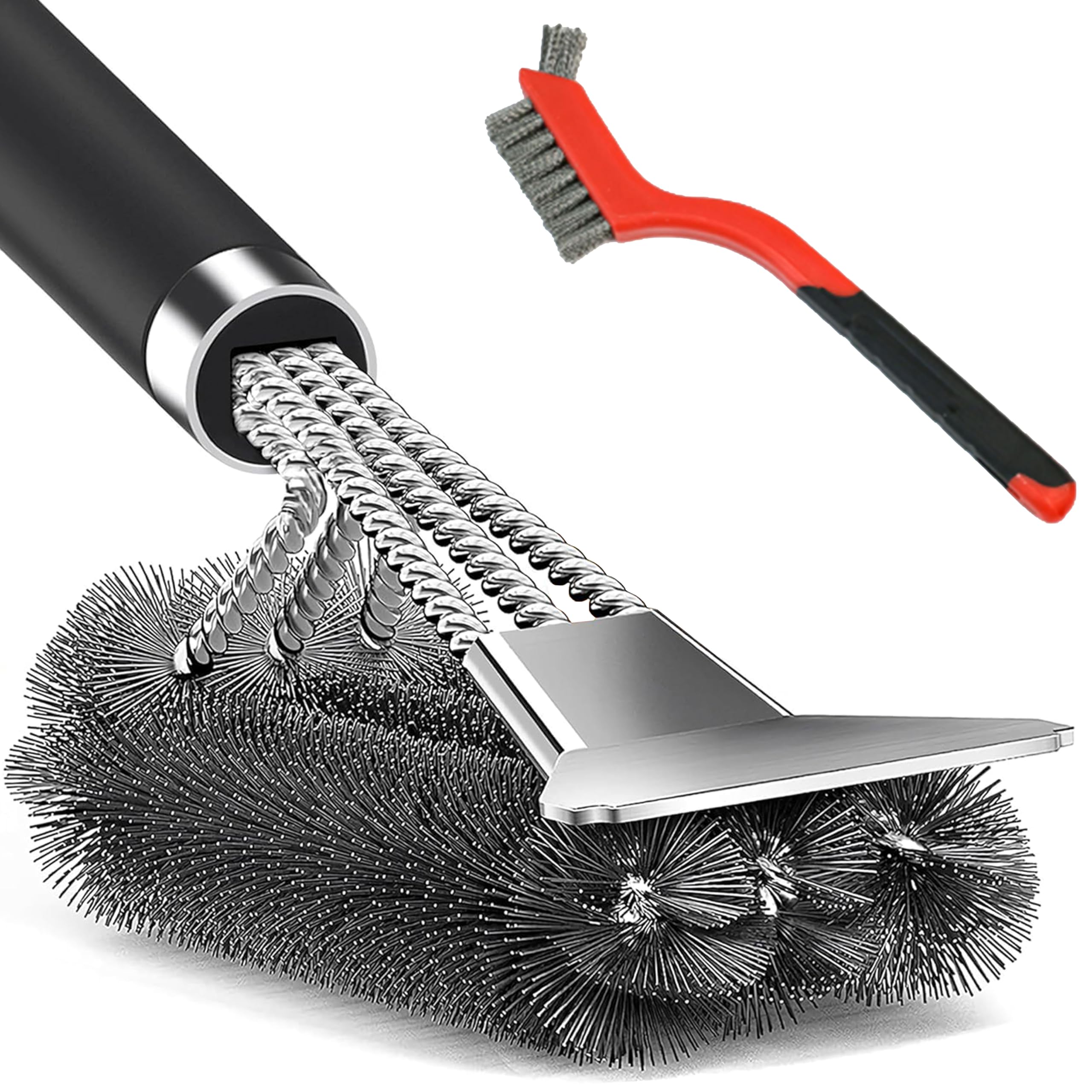 BBQ Grill Cleaning Brush with Stainless Steel Scraper, Heavy Duty Wire Bristles & Long Handle, 2-in-1 Barbecue Cleaner for Gas, Charcoal & Electric Grill, BBQ Cleaning Brush Set with Bonus Brush